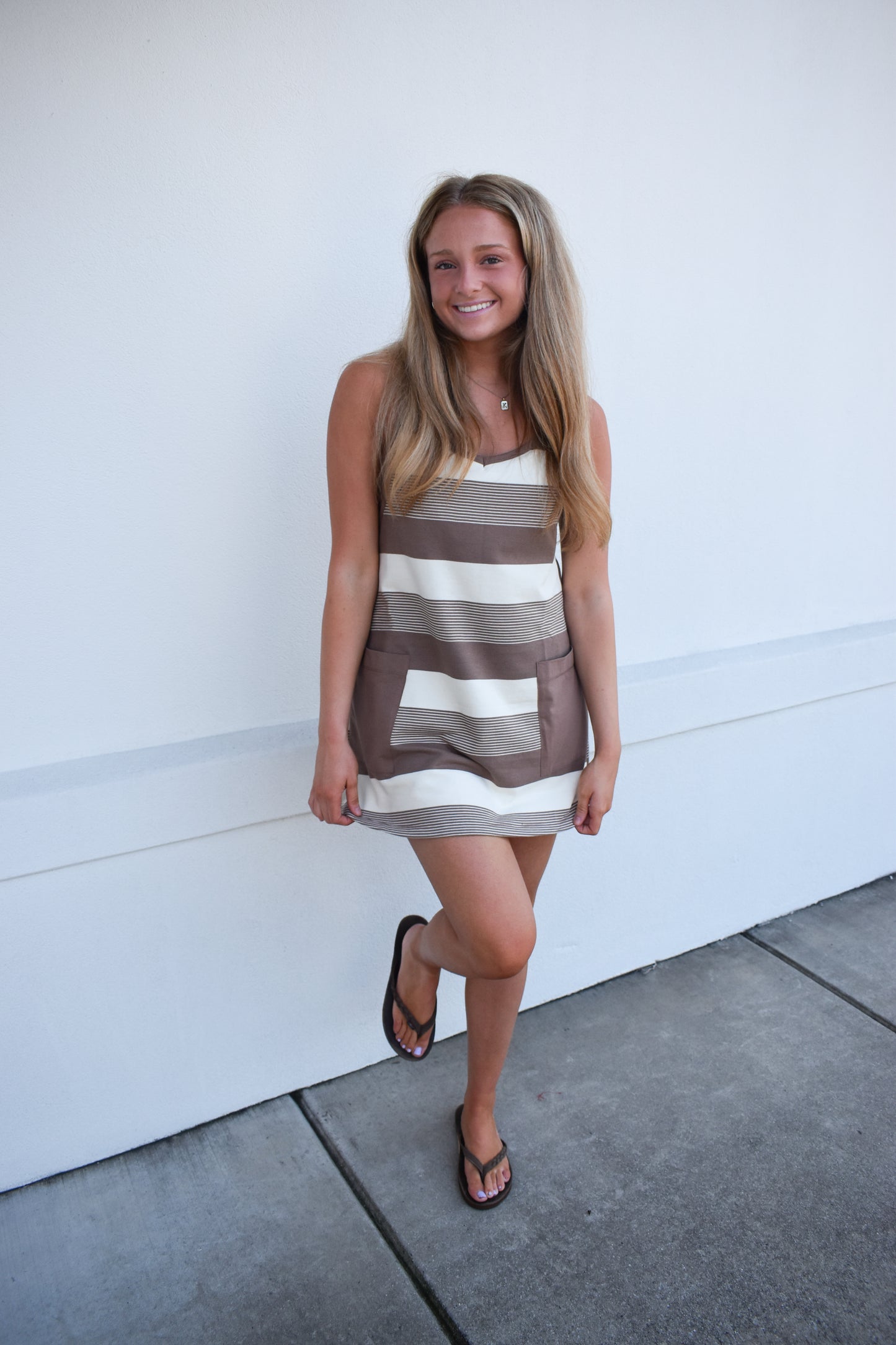 Stripe Mini Dress W/ Built In Romper Lining: Mocha