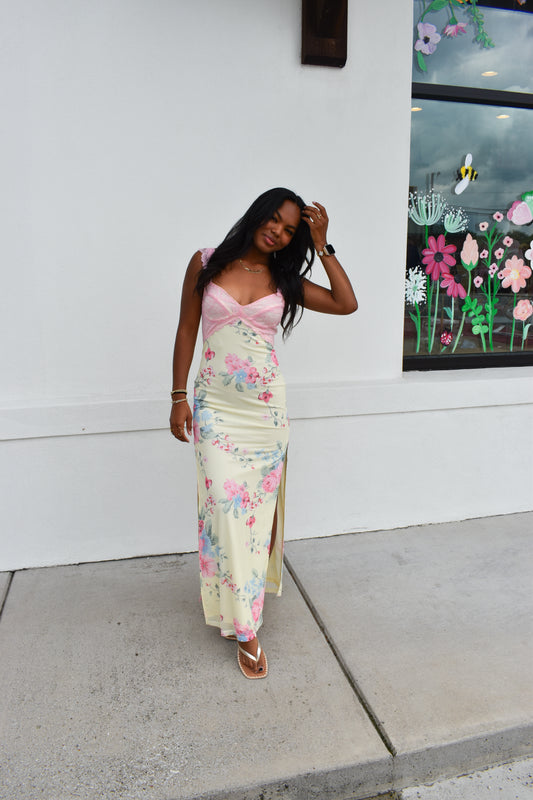 Mesh Floral Print Lace Detail Side Slit Maxi Dress