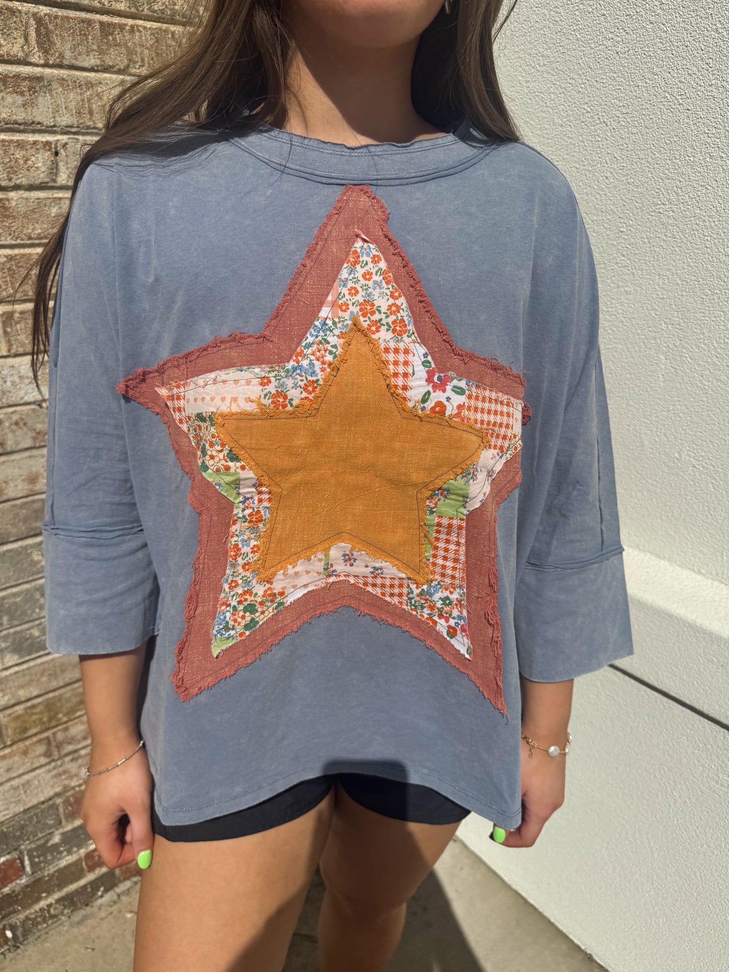 Star Patched Top-Dusty Navy