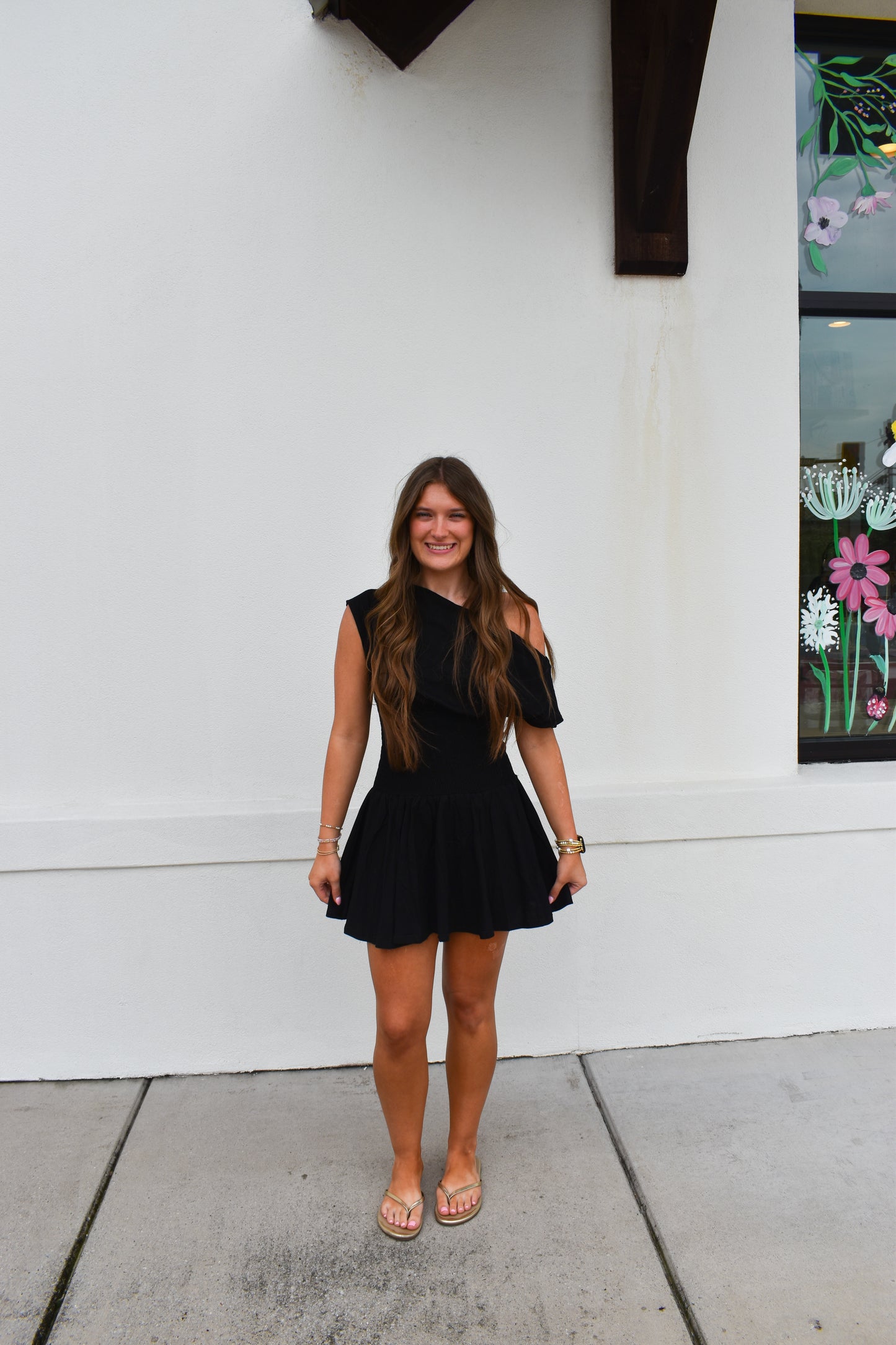 Off Shoulder Smocked Waist Dress: Black