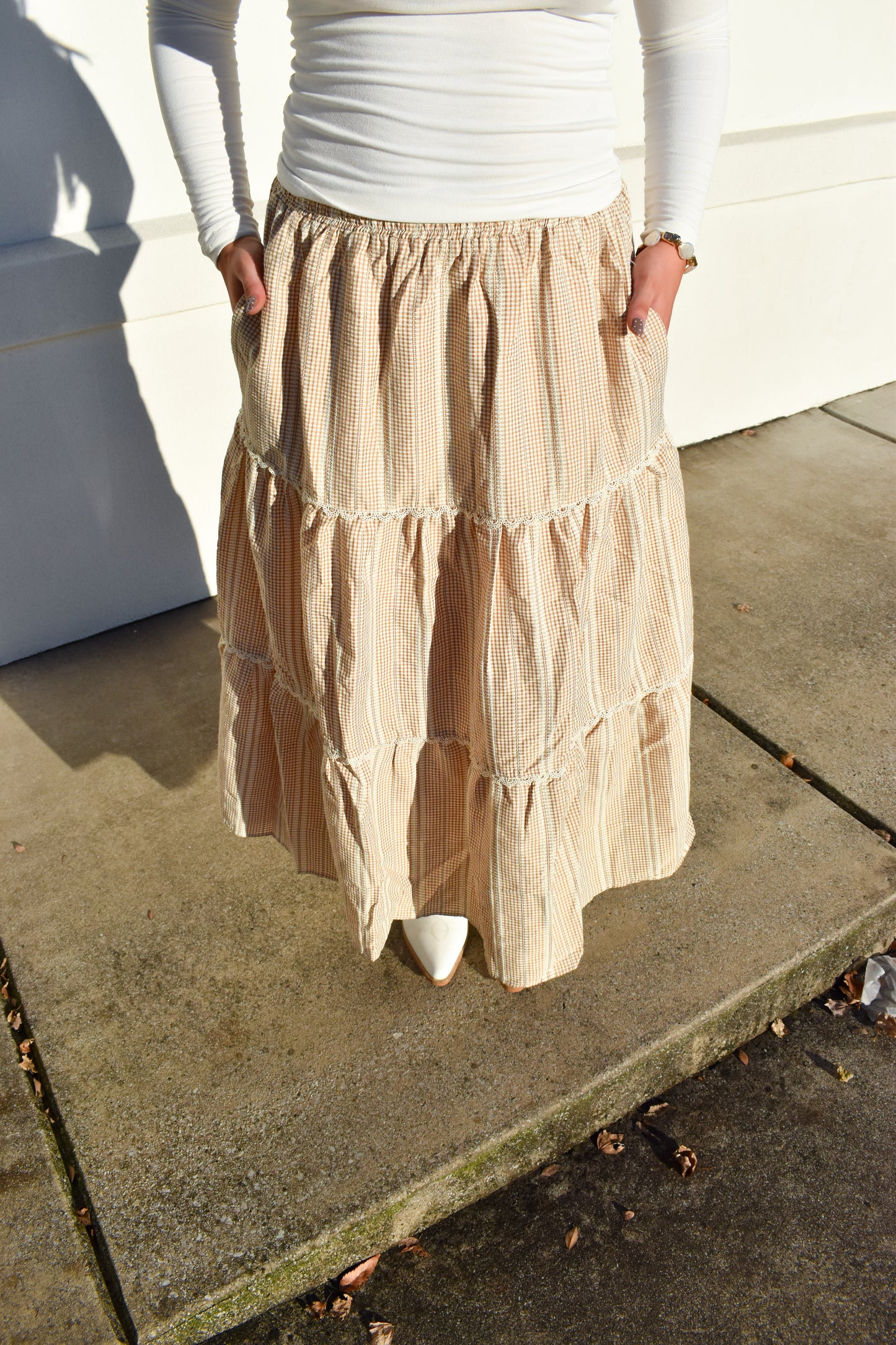Lace Trim Gingham Maxi Skirt