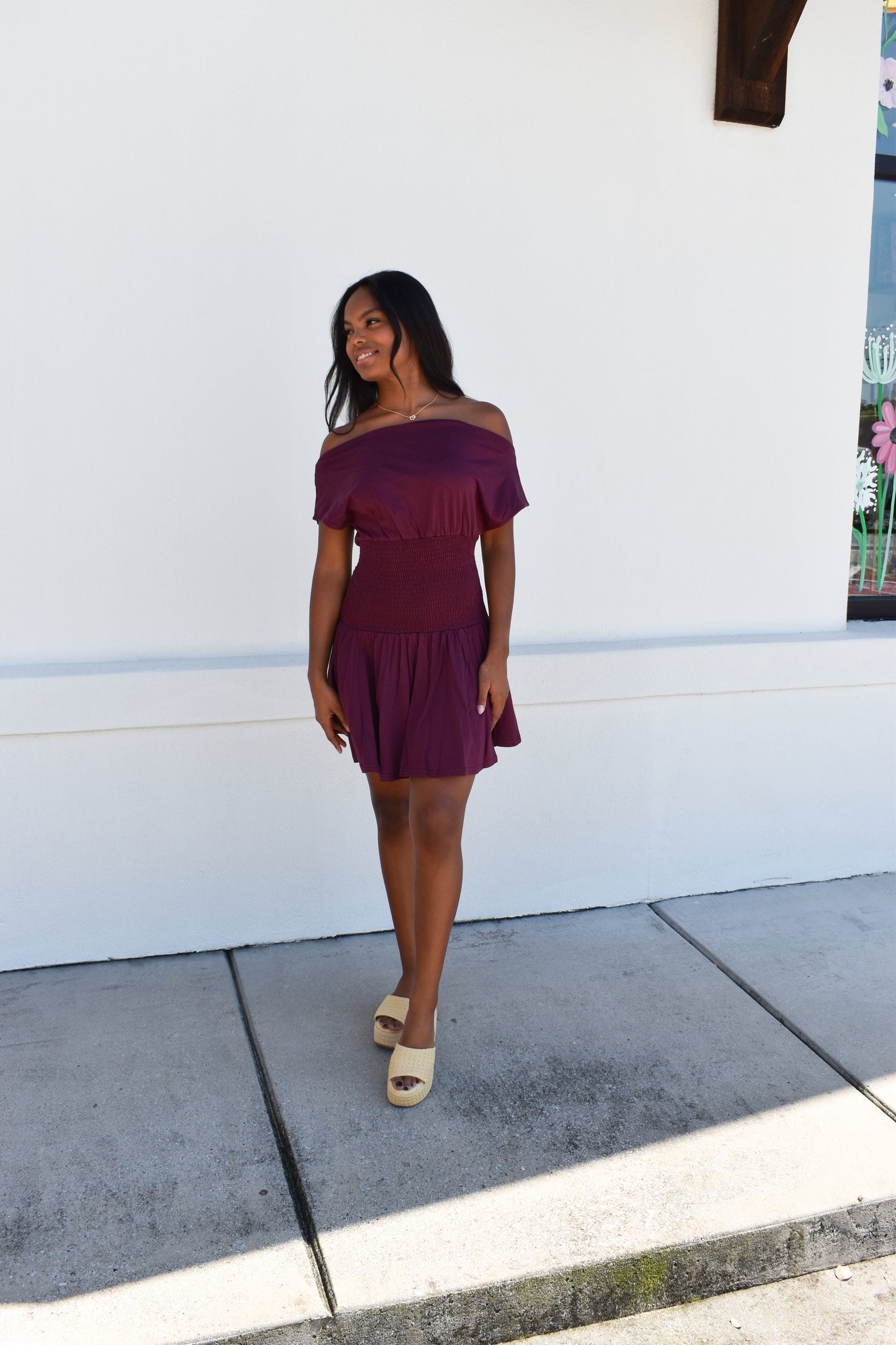 Off Shoulder Smocked Waist Dress: Wine