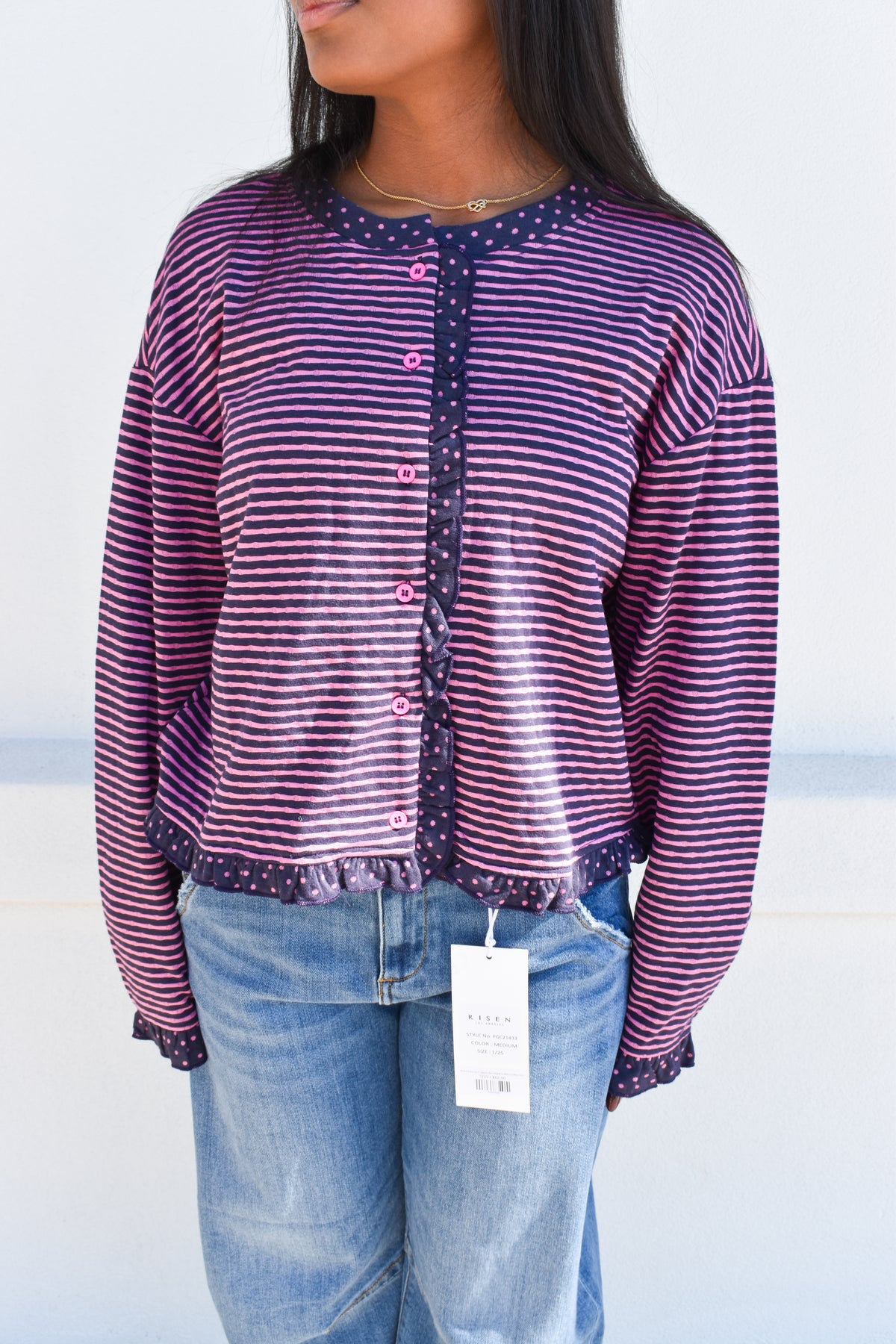 Polka Dot Trim Stripe Button-Up Cardigan