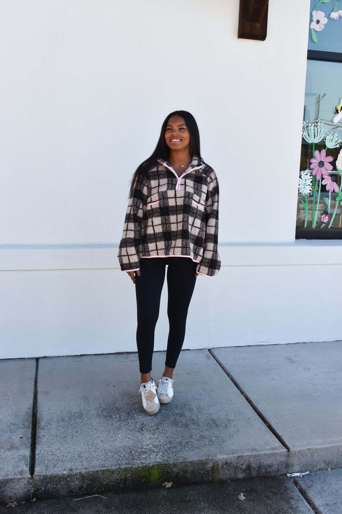 Plaid Sherpa Half-Zip W/ Pink Detail