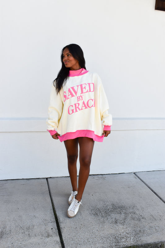 'SAVED BY GRACE' Puff Print Mockneck