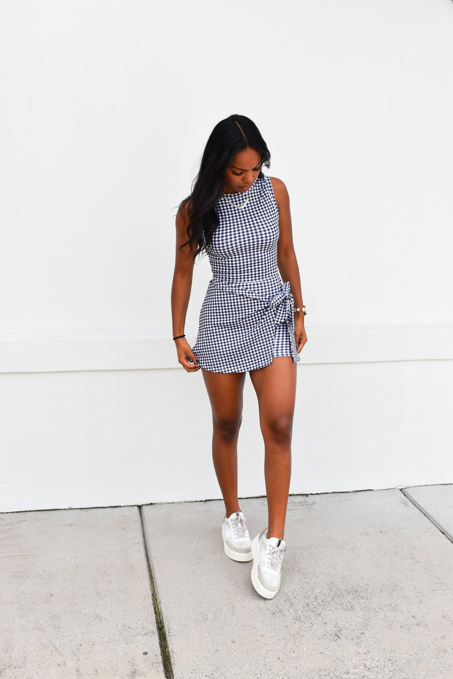 Gingham Athletic Wrap Tie Dress: Black