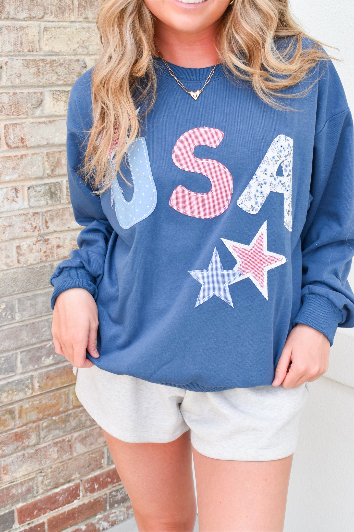 USA Patchwork Pattern Crewneck: Blue