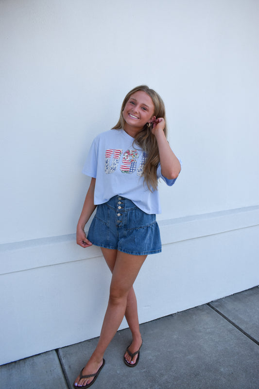 USA Patchwork Crop Top: Blue