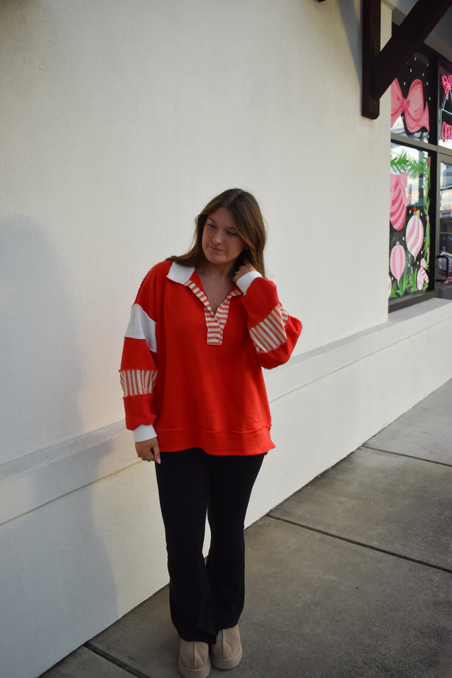 Terry Knit Collared Top: Red/Cream