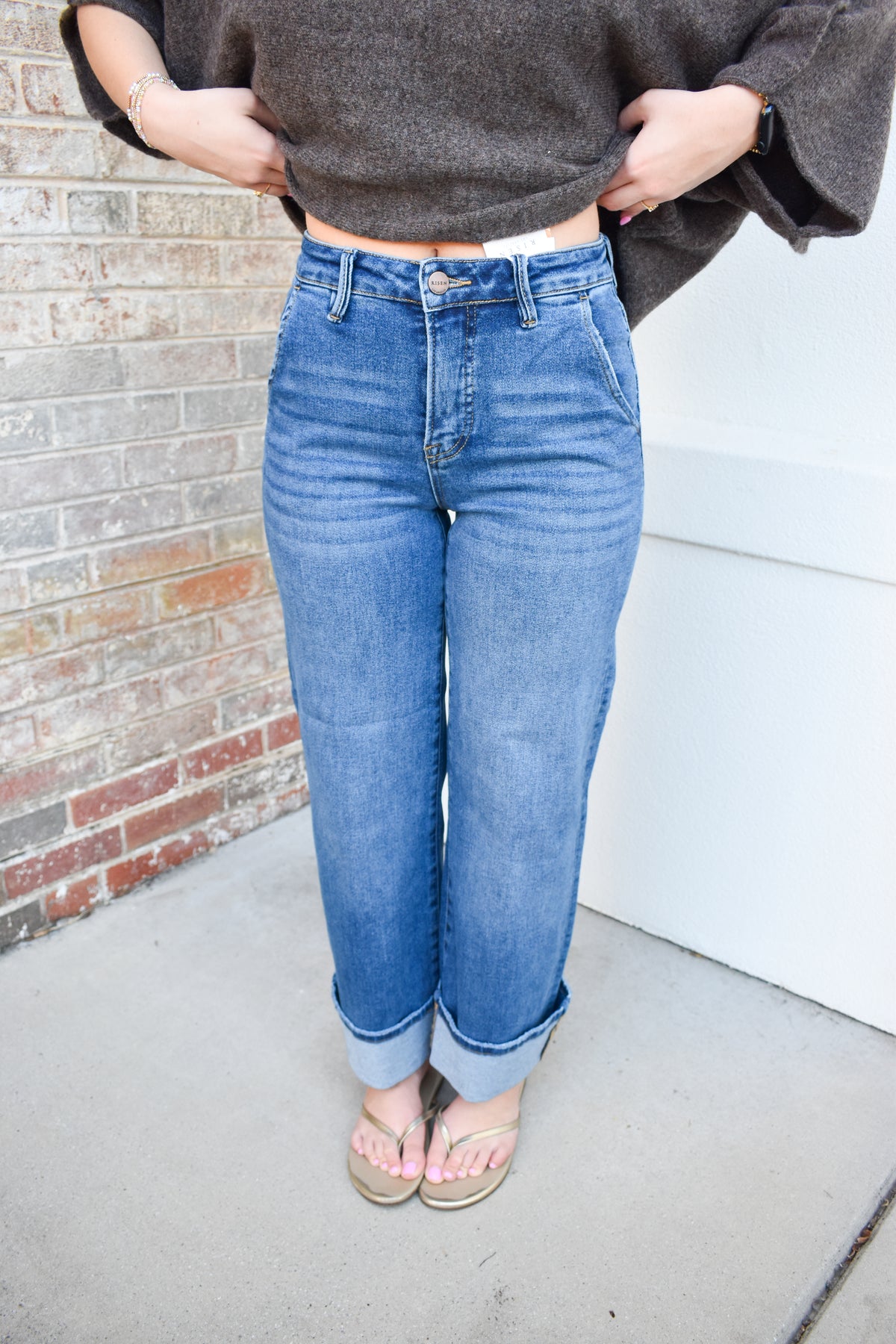 Tummy Control High Rise Ankle Wide Cuffed Jeans: Dark