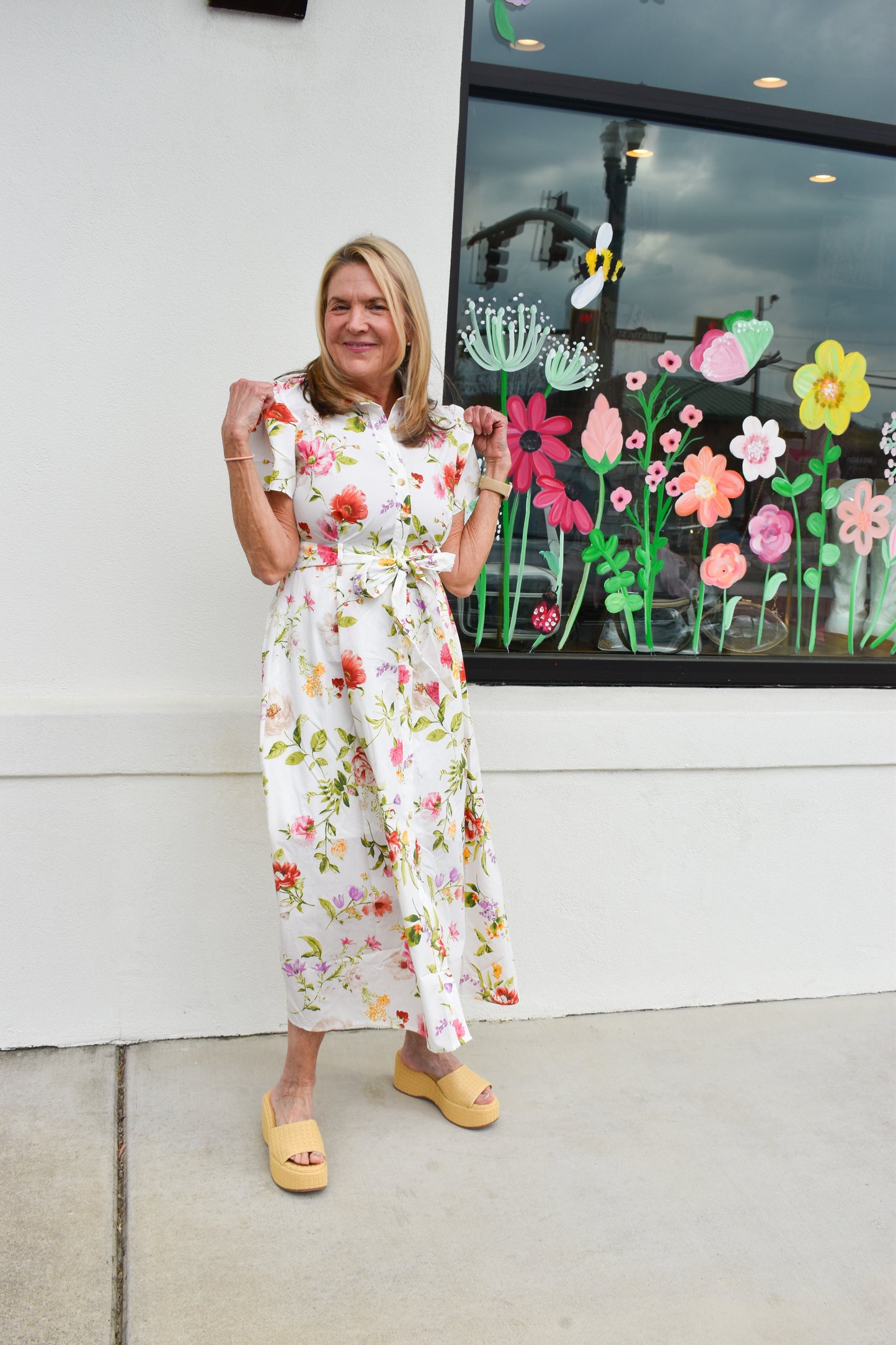 Floral Short Sleeve Belted Midi Dress