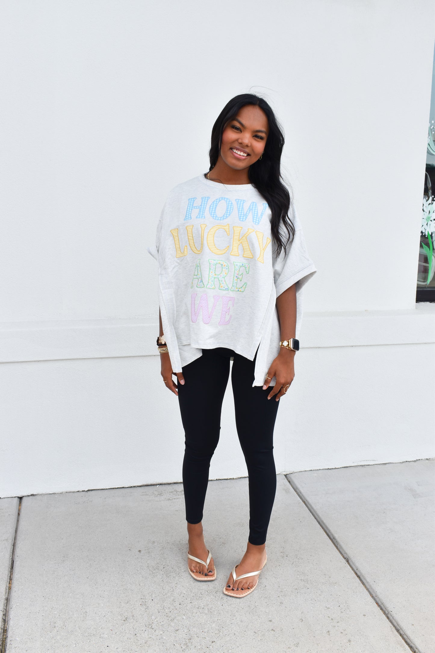 How Lucky Are We Patch Zigzag Dolman Top