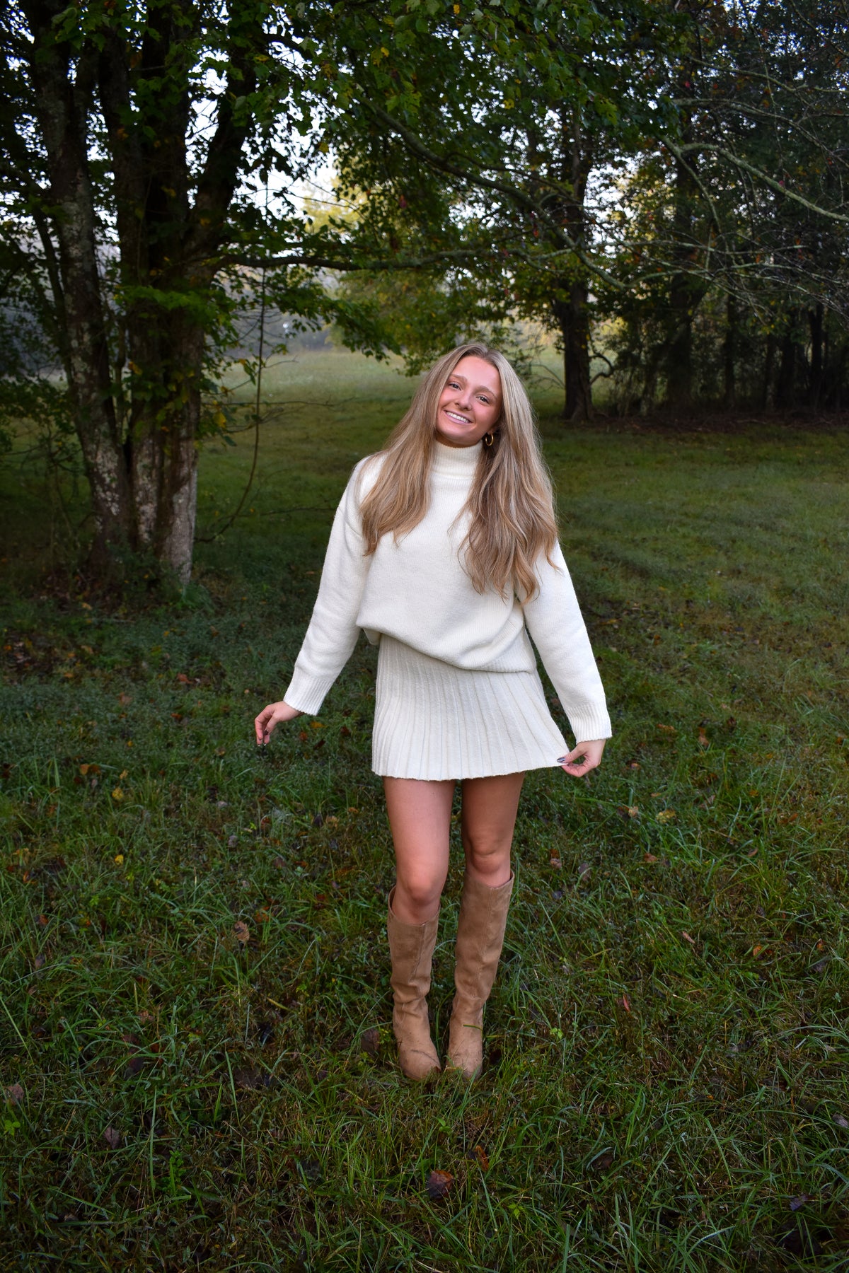 Turtleneck Pullover Sweater & Pleated Skirt Set