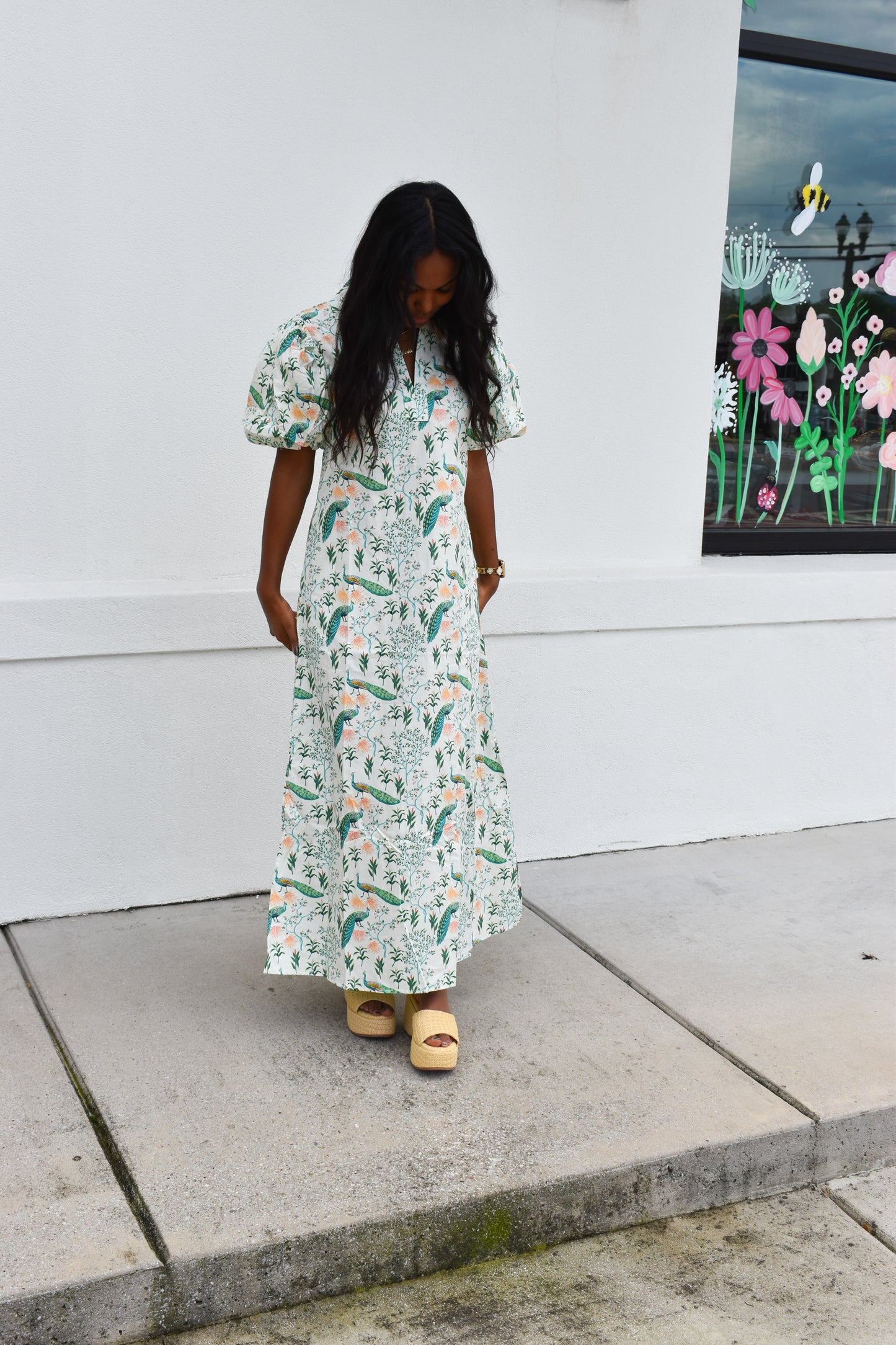 Peacock Print Puff Sleeve Midi Dress