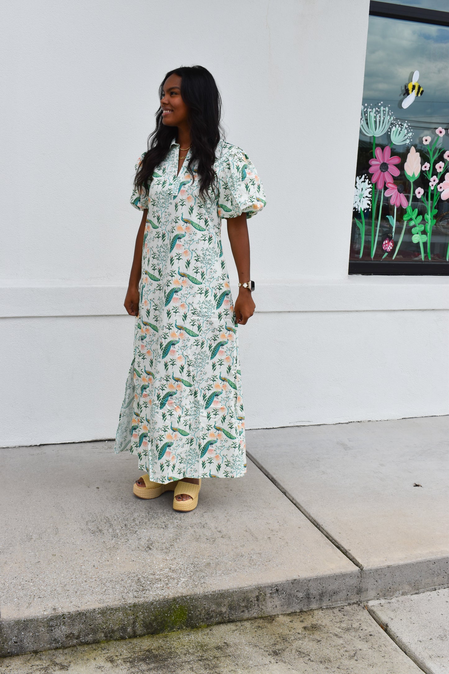 Peacock Print Puff Sleeve Midi Dress
