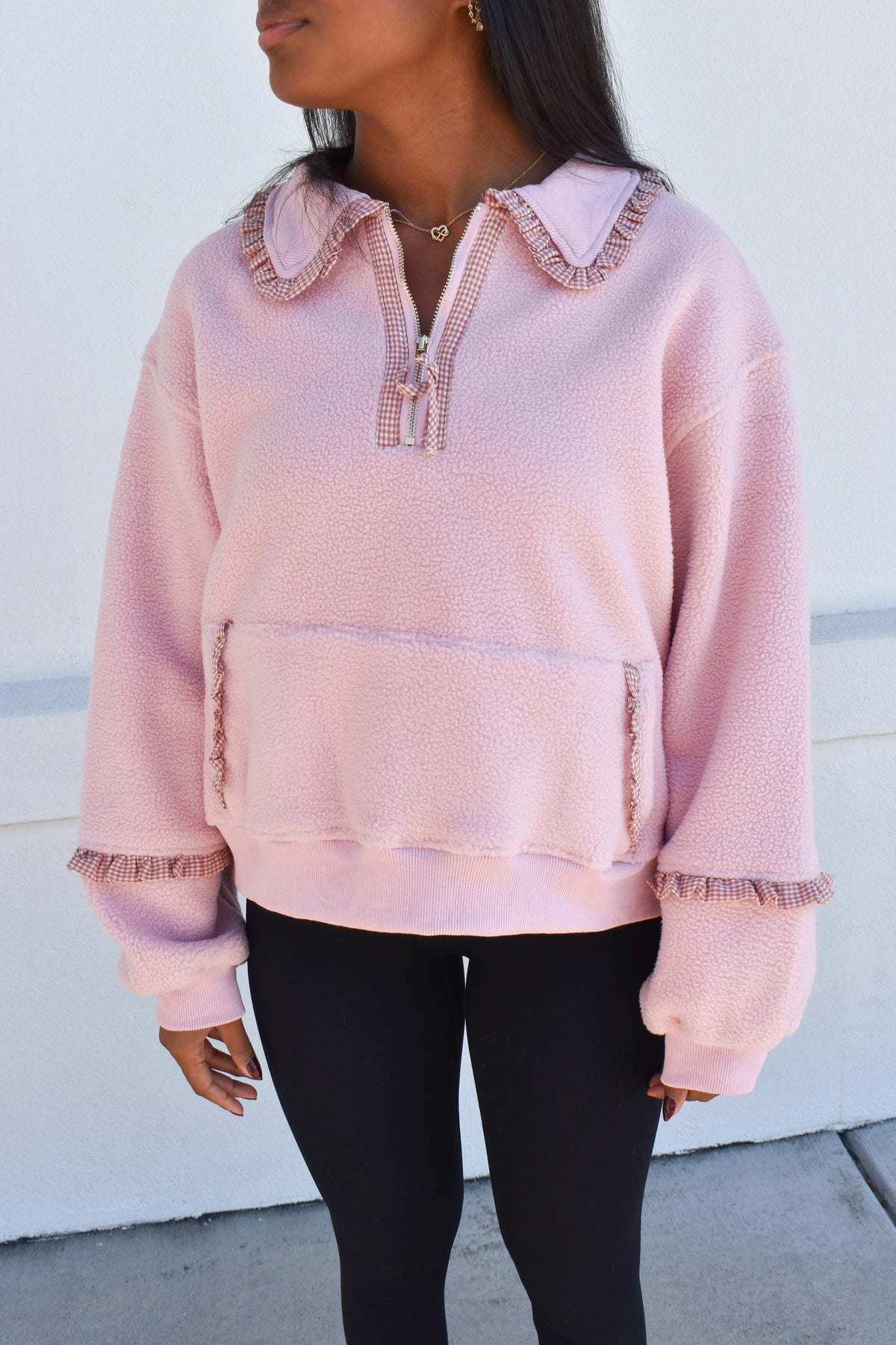 Gingham Fleece Collared Pullover: Pink