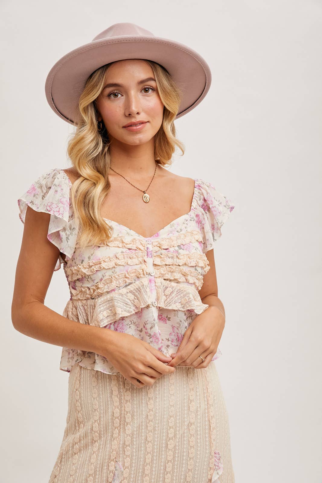 Floral Print Ruffle Lace Sweetheart Top
