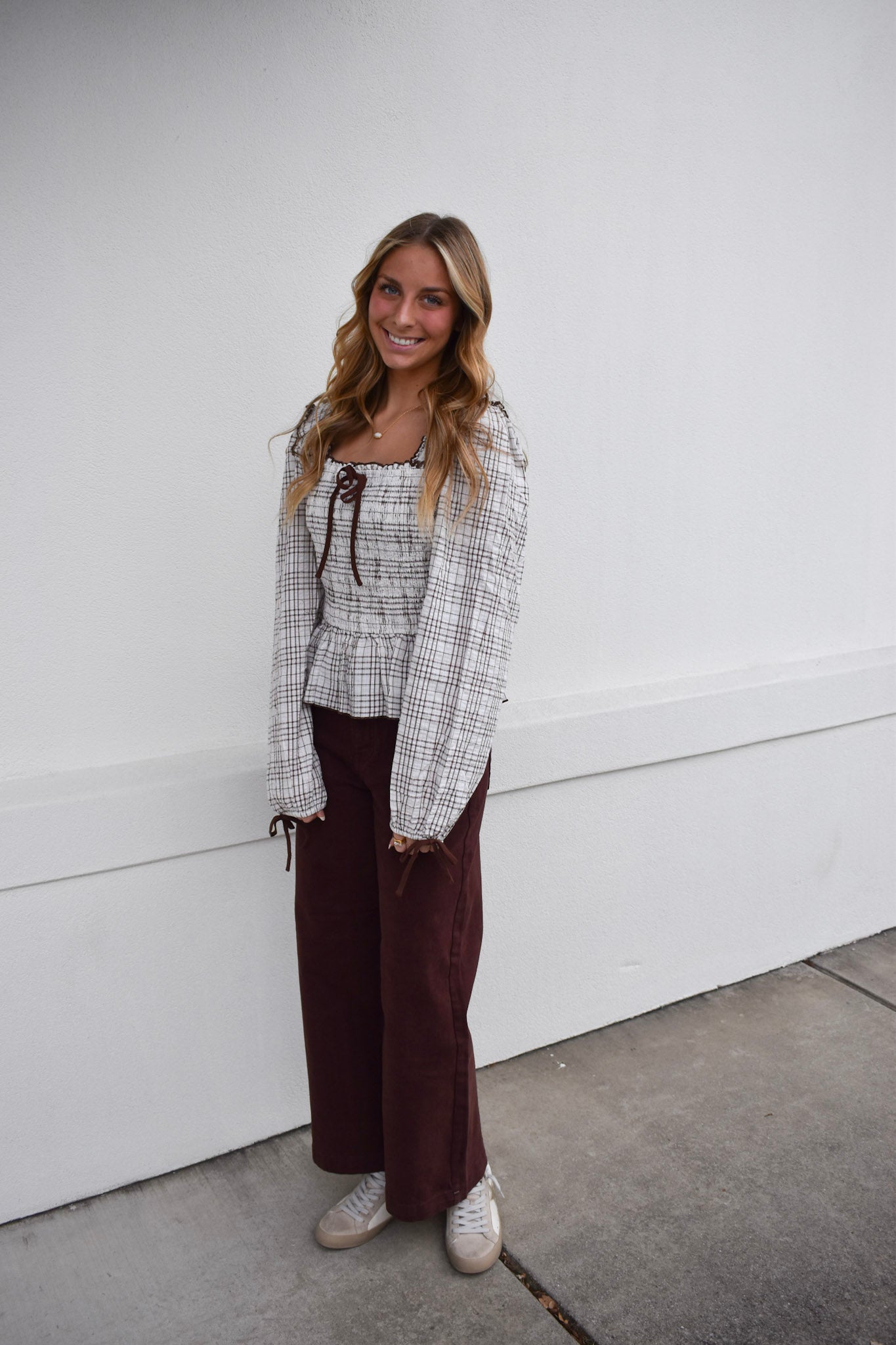 Plaid Smocked Babydoll Blouse