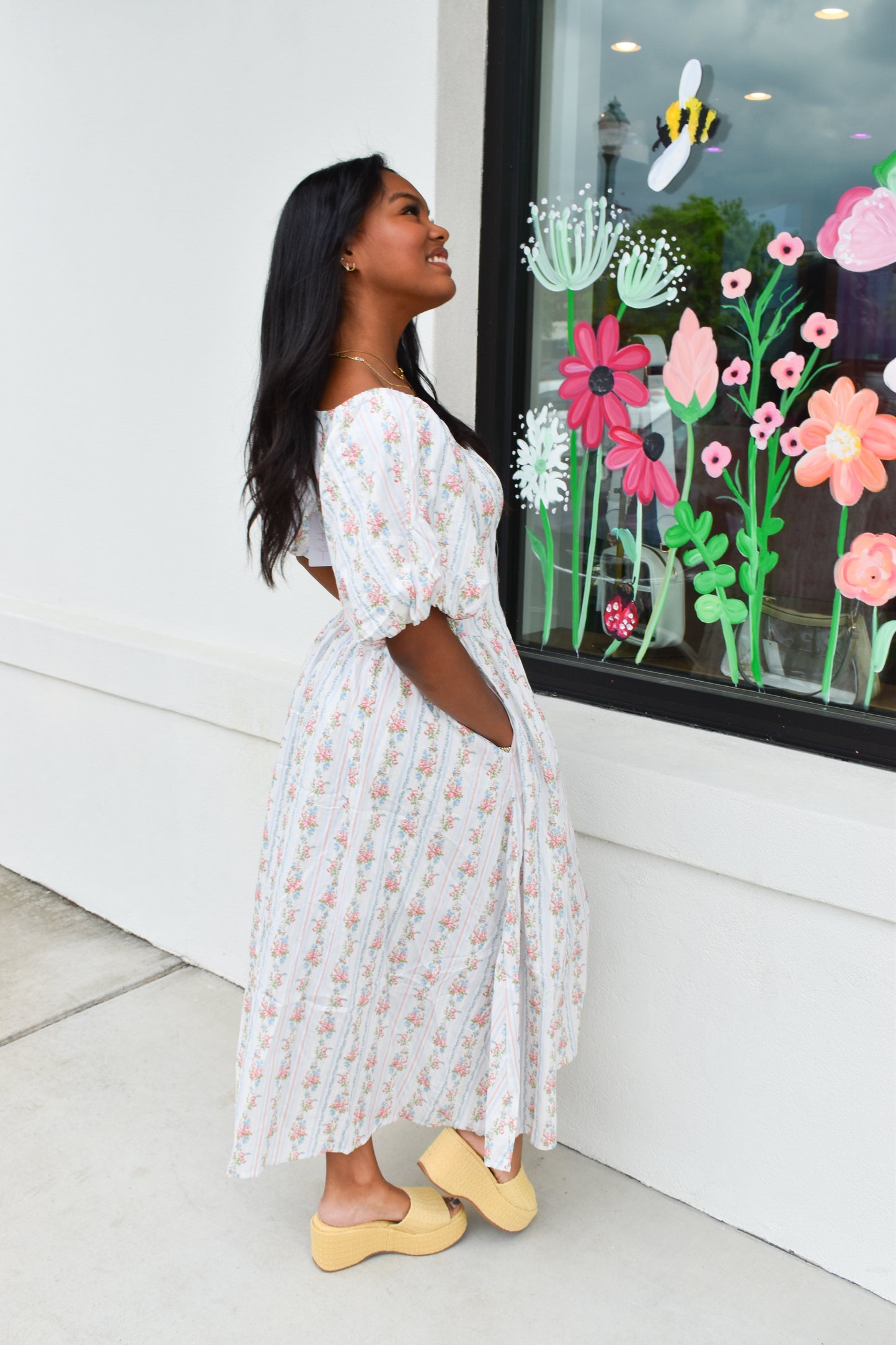 Floral Bubble Maxi Dress W/ Pin Stripe Detail