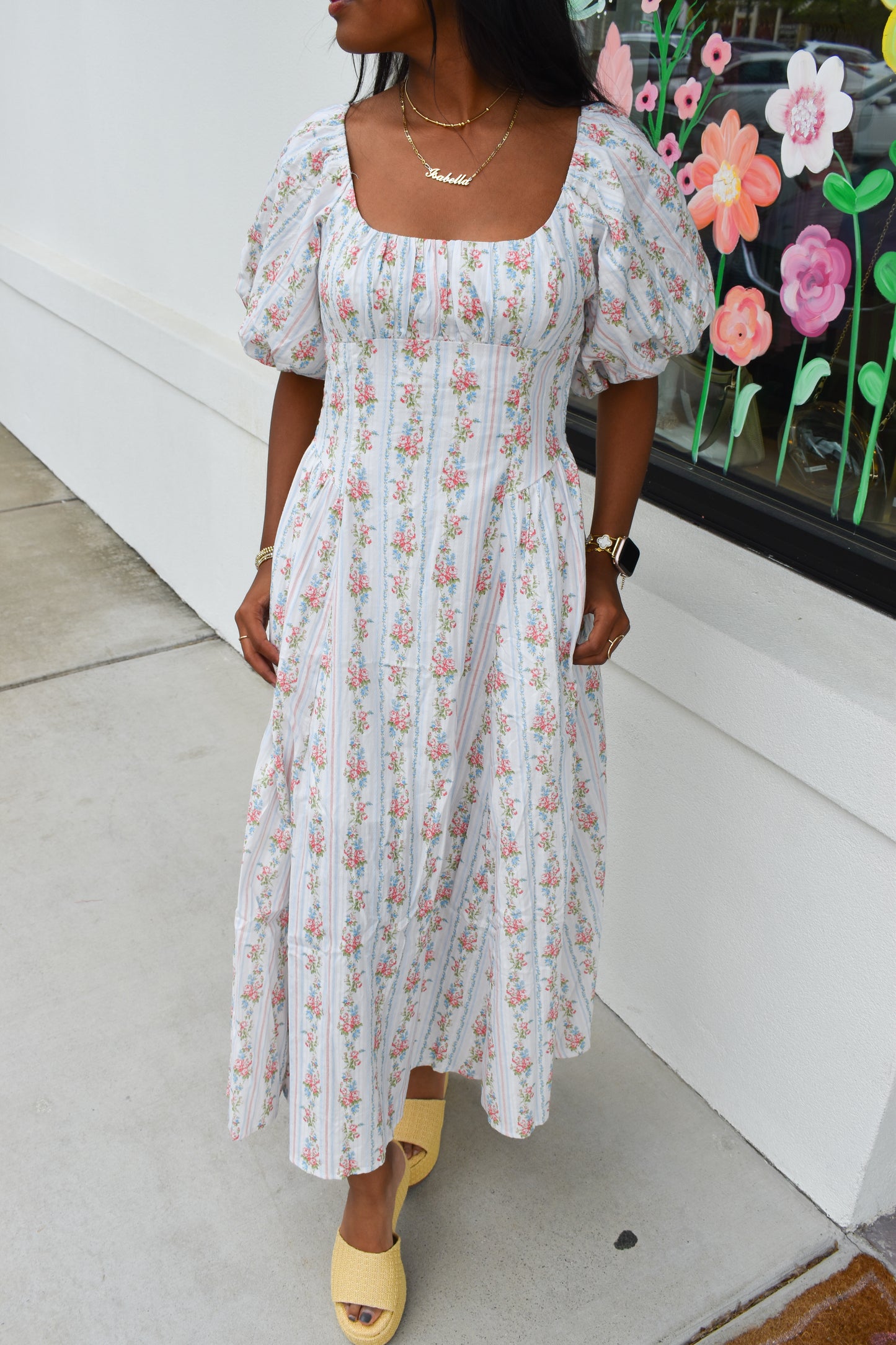 Floral Bubble Maxi Dress W/ Pin Stripe Detail