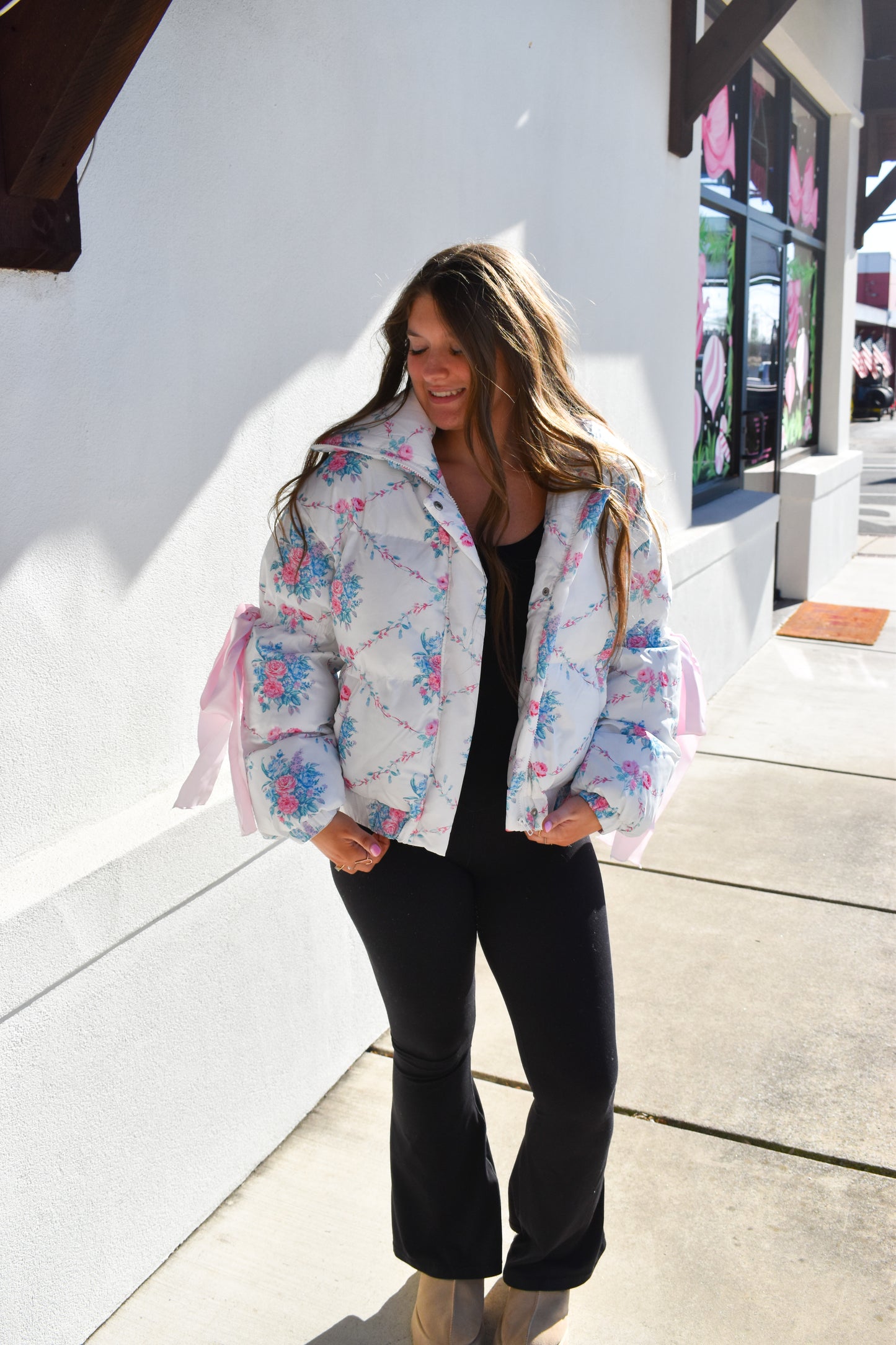 Floral Print Bow Knot Puffer Jacket