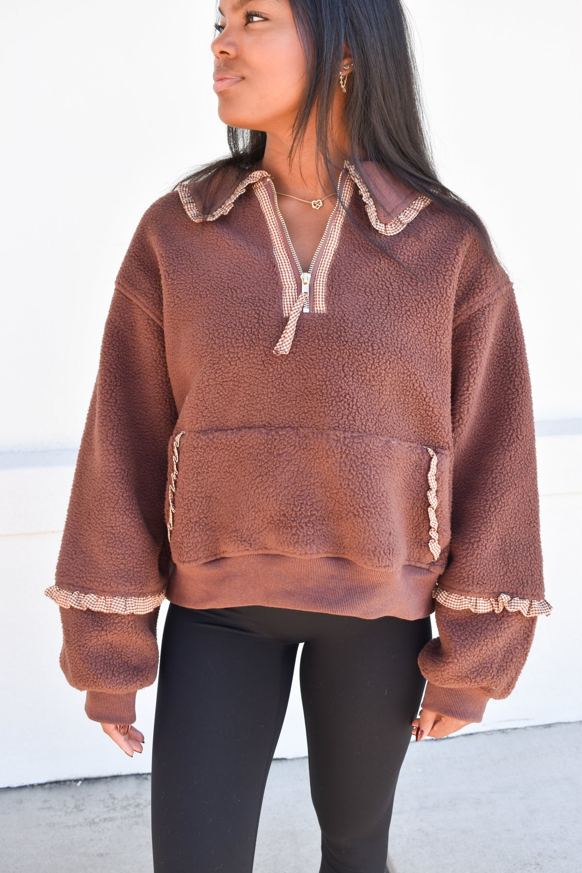 Gingham Fleece Collared Pullover: Brown