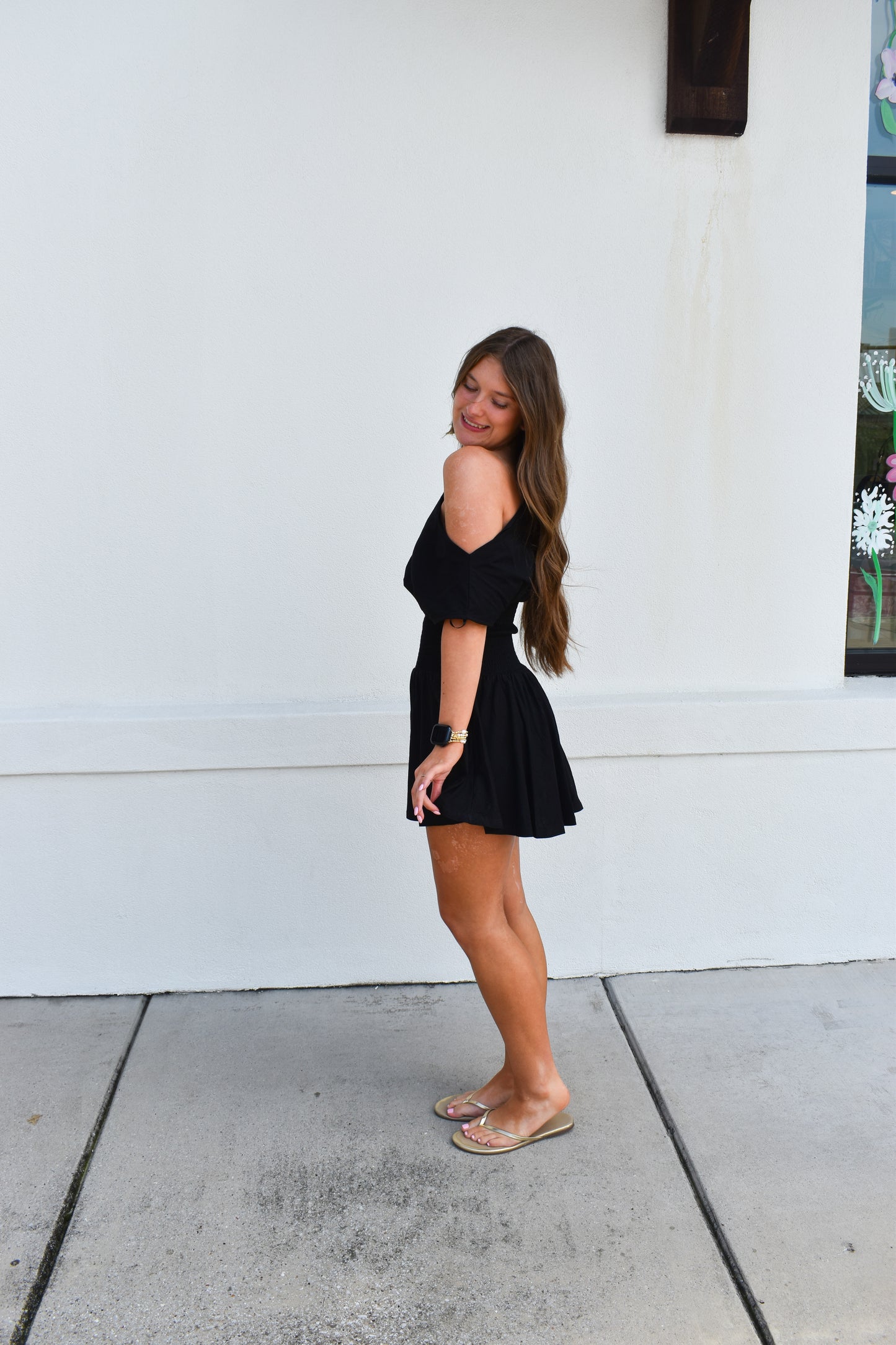 Off Shoulder Smocked Waist Dress: Black