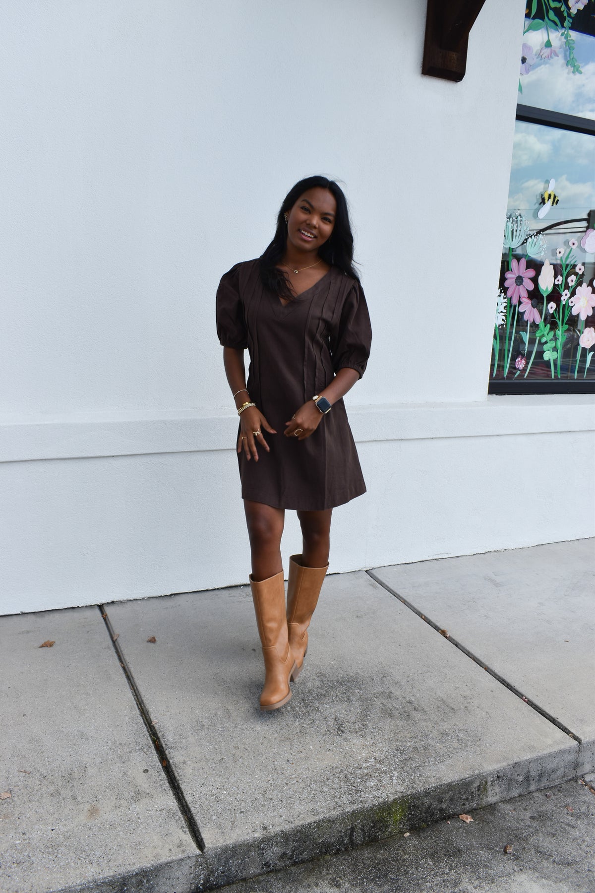 Puff Sleeve V Neck Mini Dress