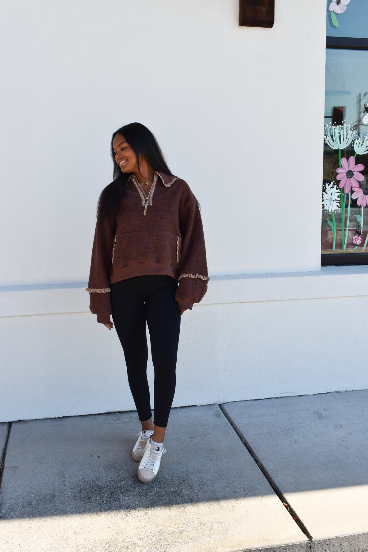 Gingham Fleece Collared Pullover: Brown