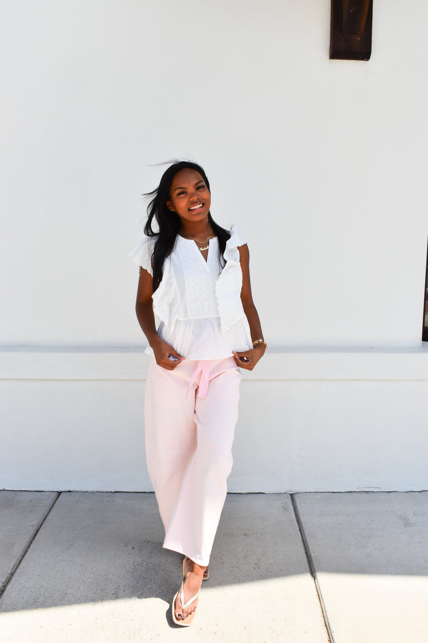 Pink Eyelet Thru Cotton Belt Barrel Jean