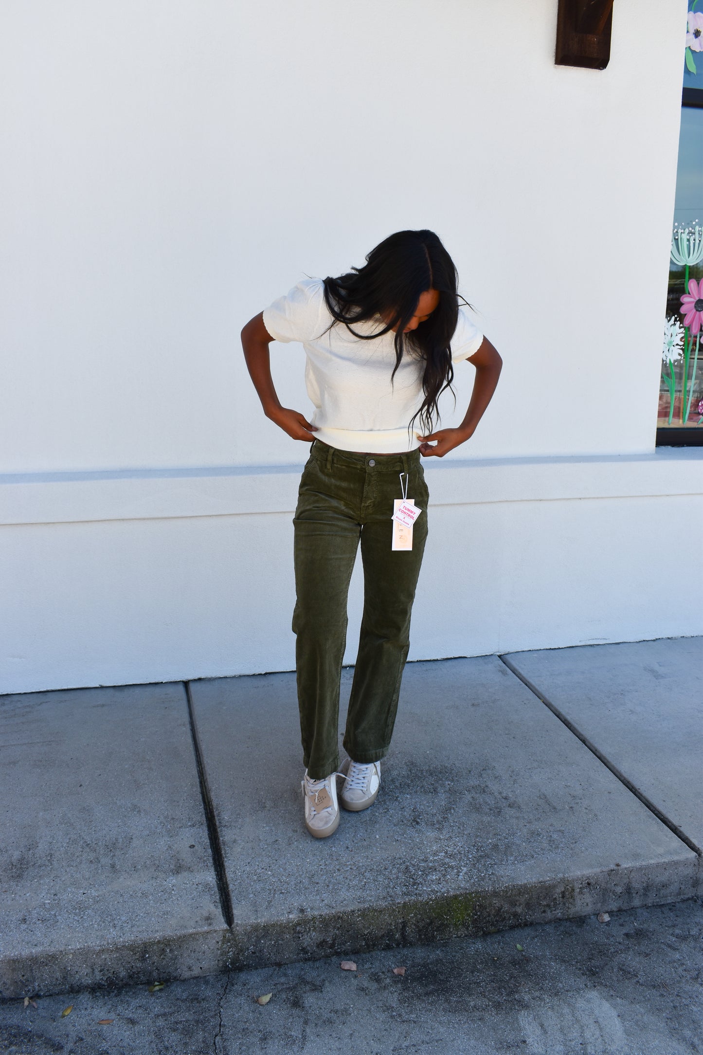 Tummy Control Mid Rise Ankle Straight Corduroy: Green