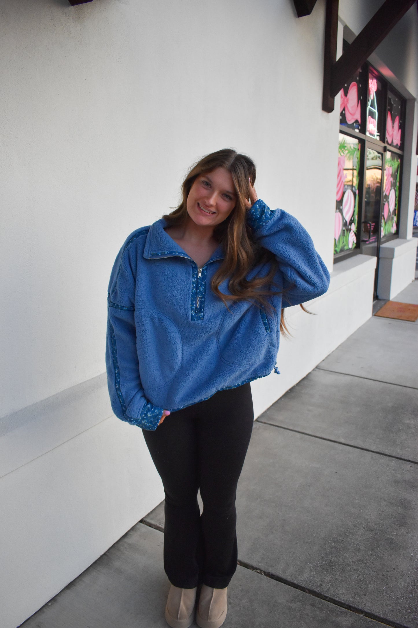 Floral Piping Detail Sherpa Jacket