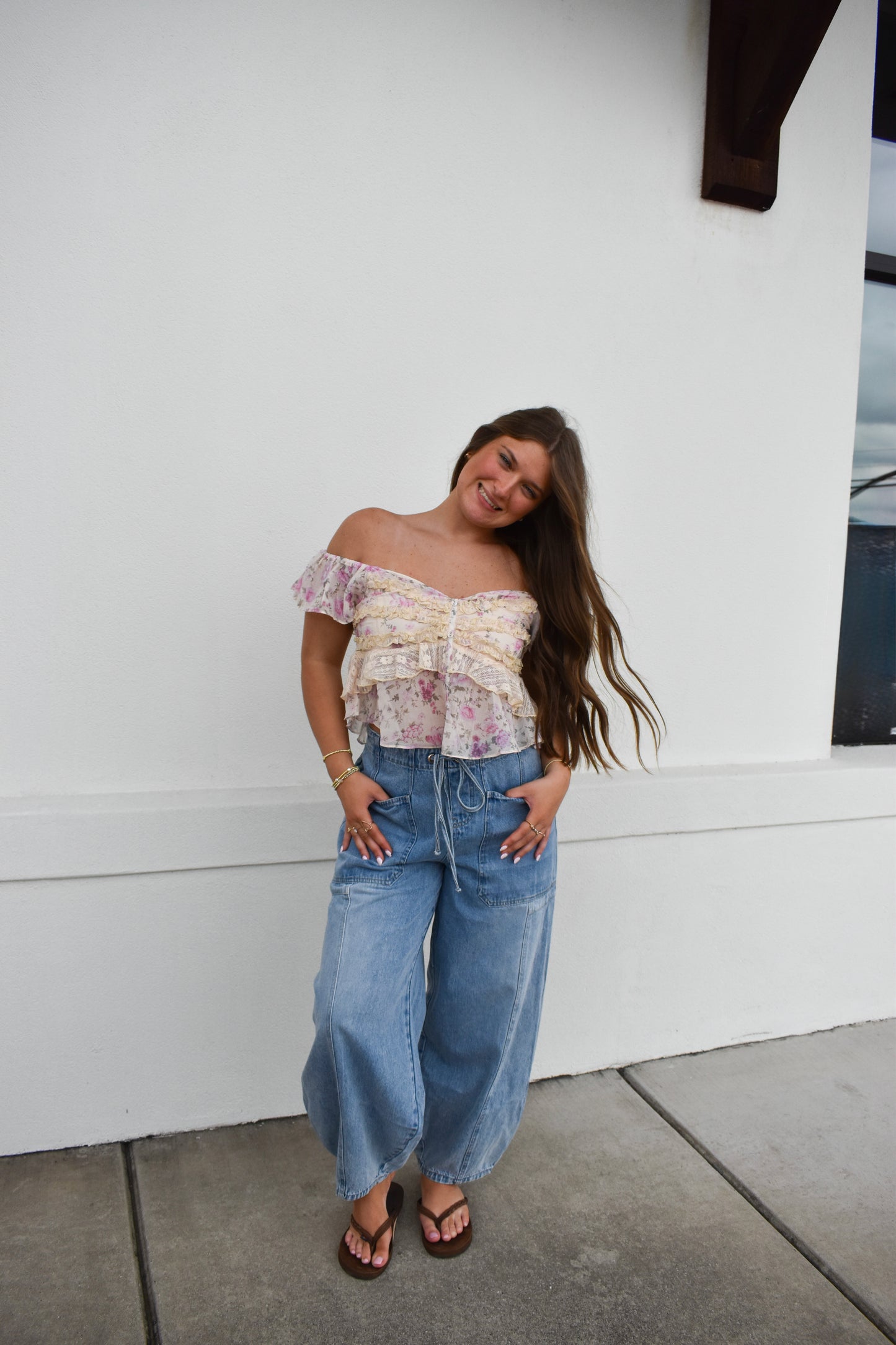 Floral Print Ruffle Lace Sweetheart Top