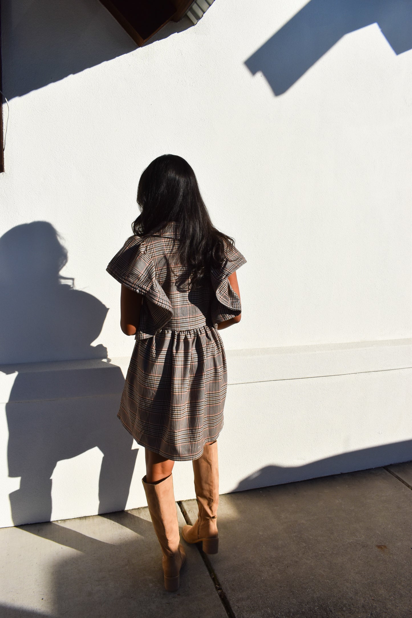 Ruffle Sleeves Pintuck Plaid Mini Dress