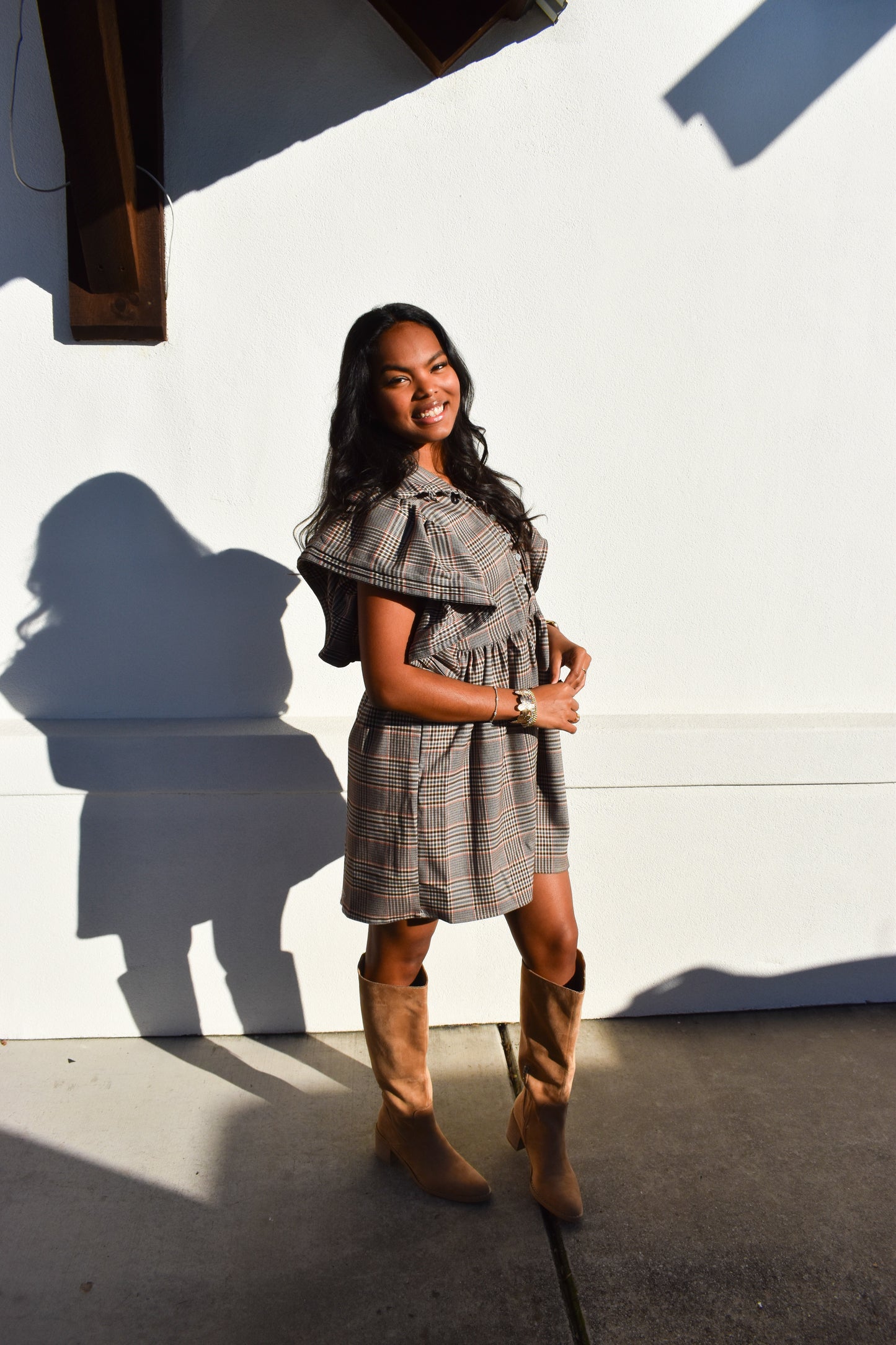 Ruffle Sleeves Pintuck Plaid Mini Dress