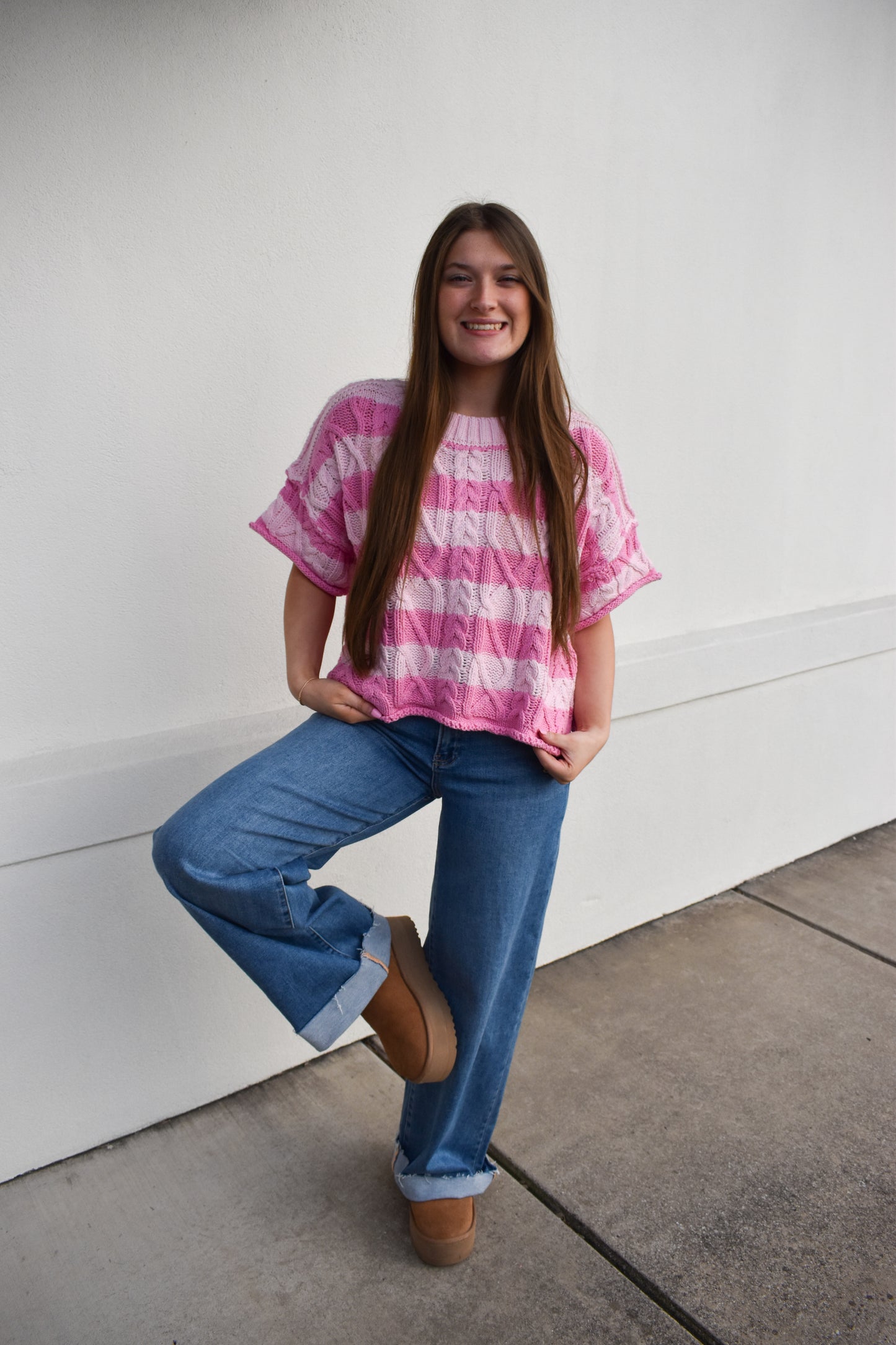 Pink Stripe Round Neck Knit Sweater Top