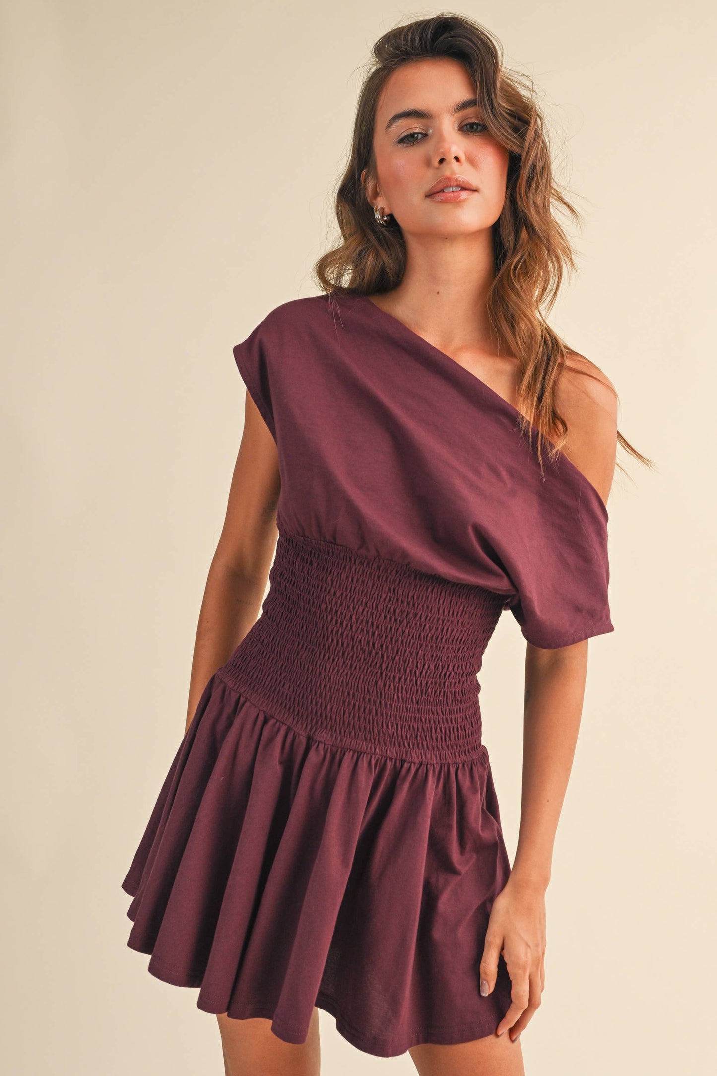 Off Shoulder Smocked Waist Dress: Wine