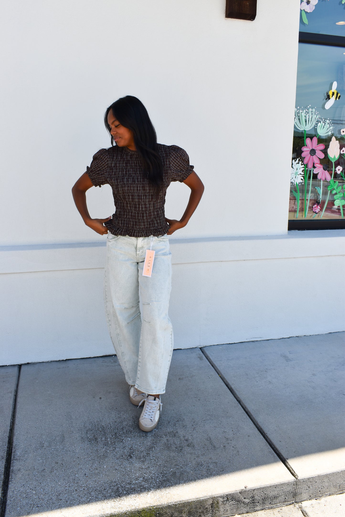 Puff Sleeve Plaid Smocked Top