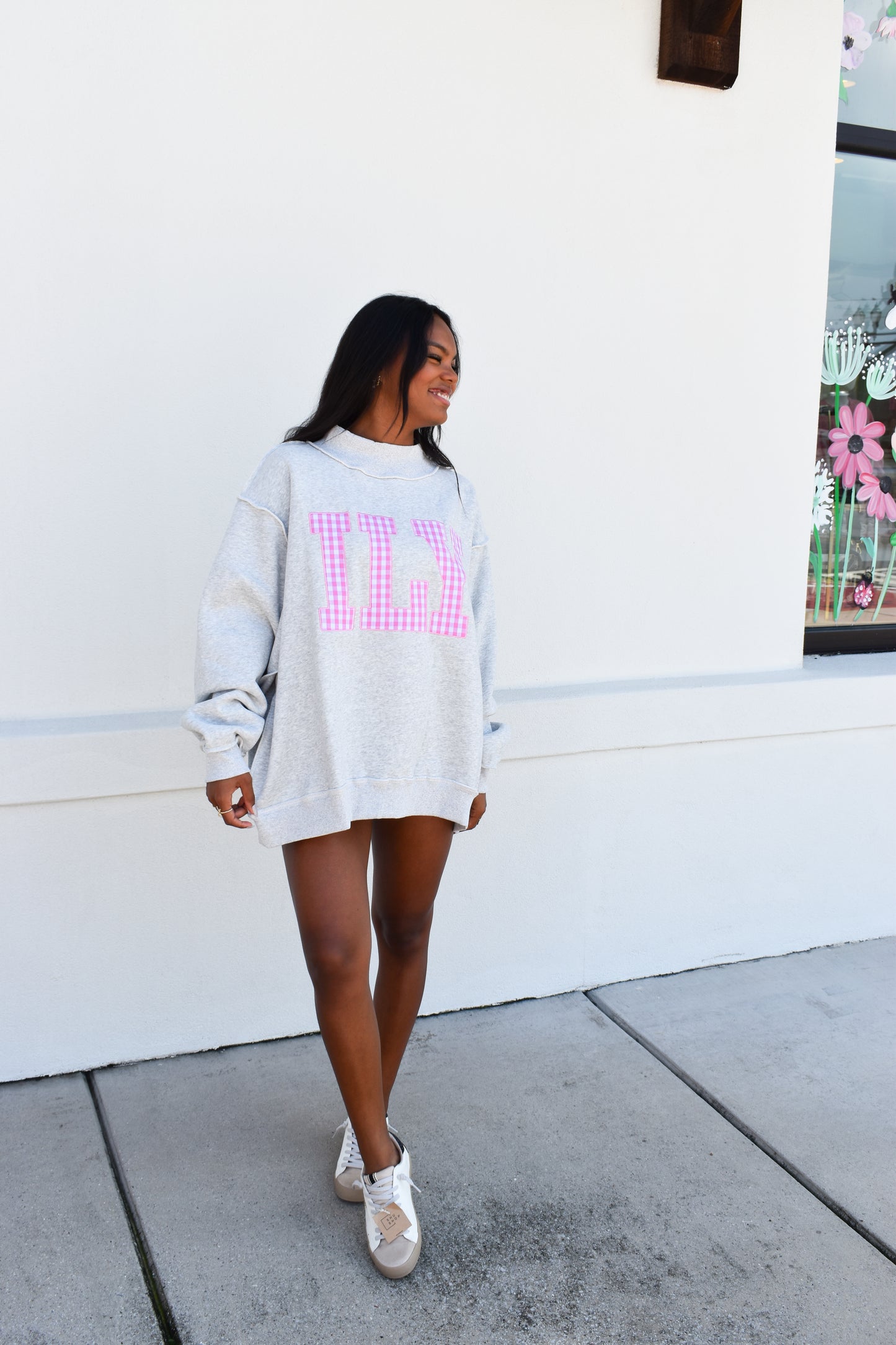 "ILY" Gingham Embroidered Mockneck