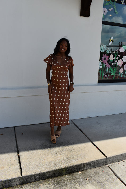 V Neck Satin Polka Dot Maxi