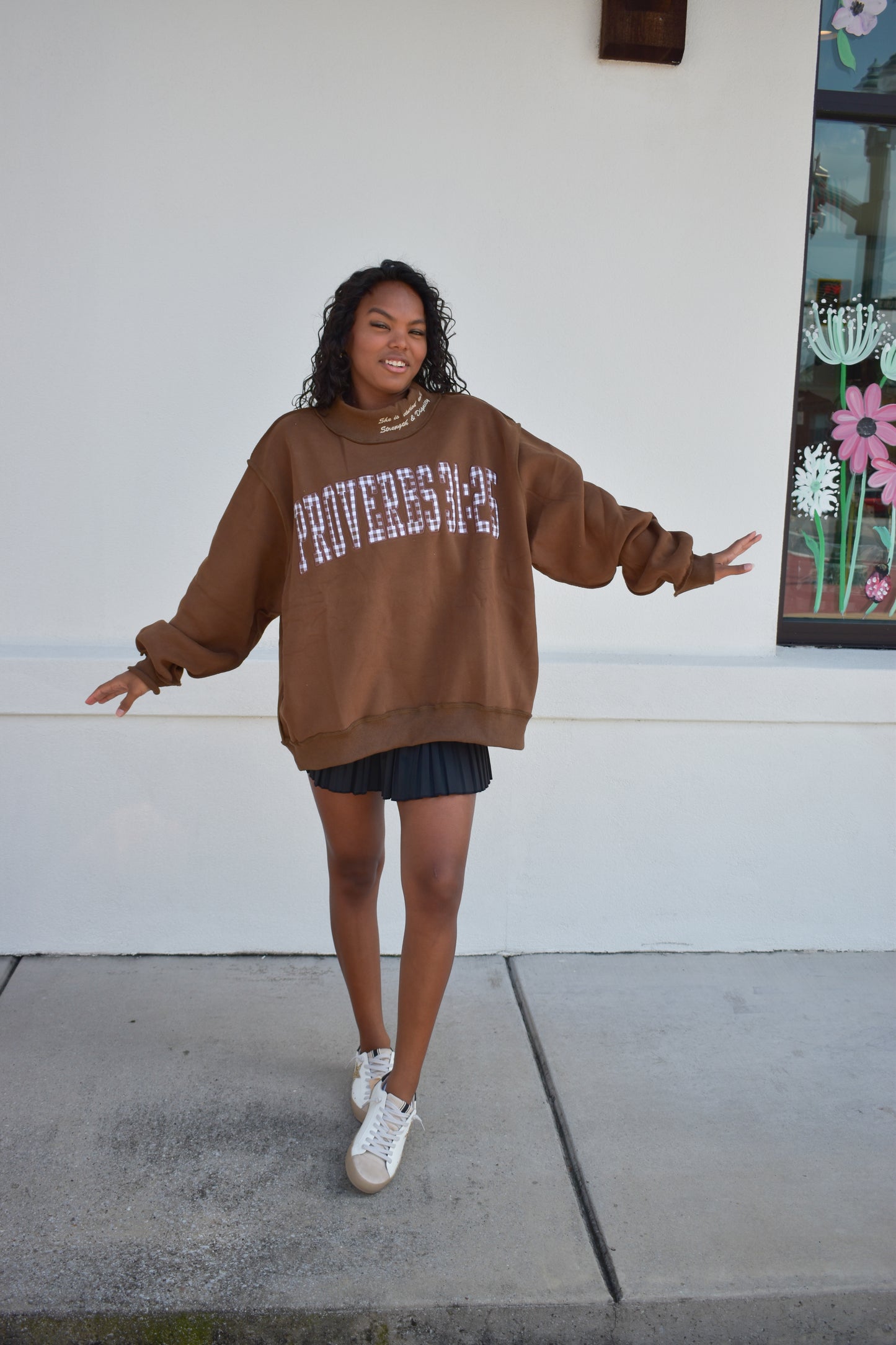 'PROVERBS 31:25' Script Collar Mockneck: Brown