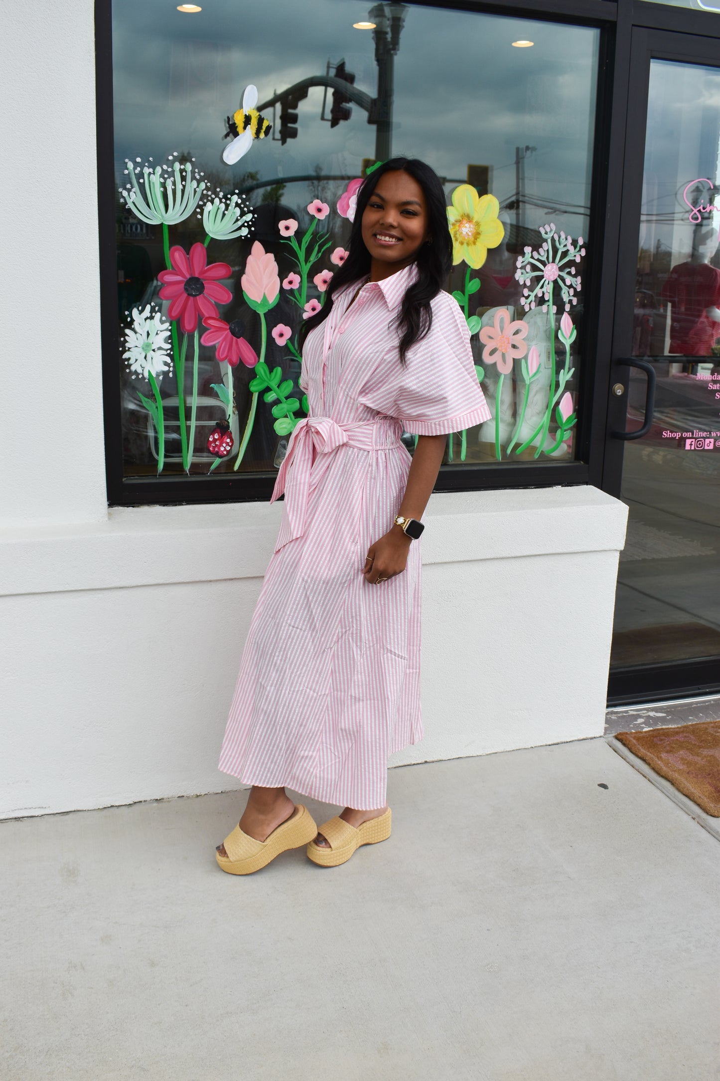 Seer Sucker Striped W/ Bow Tie Maxi Dress