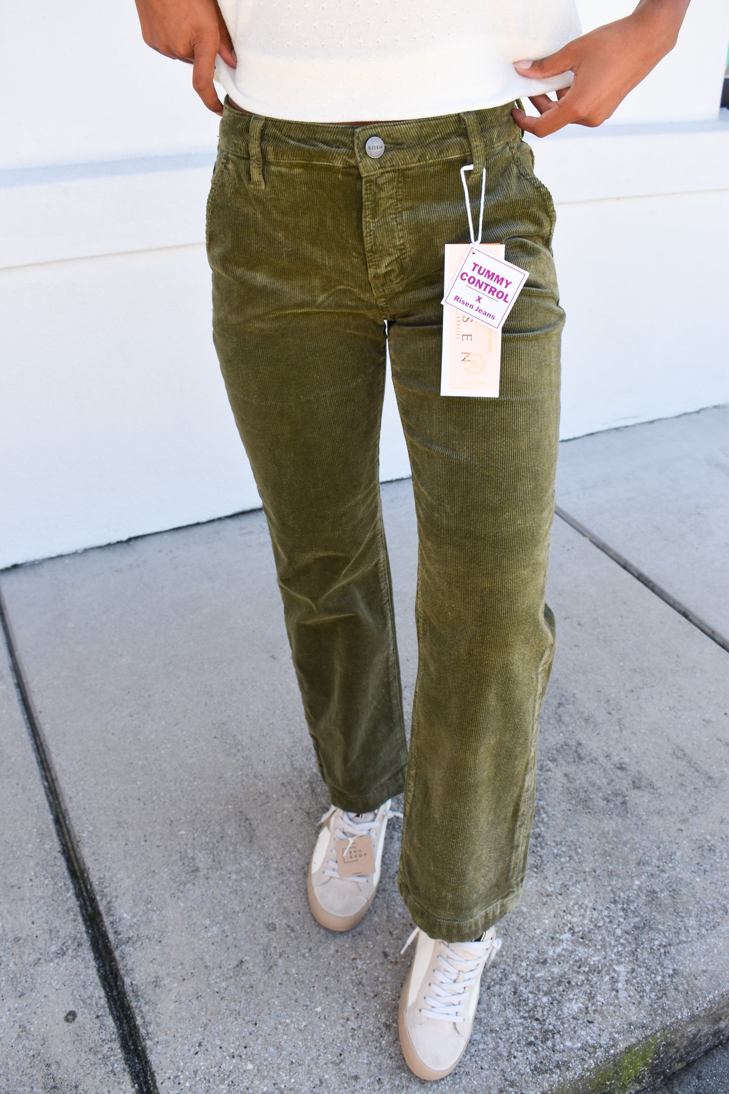 Tummy Control Mid Rise Ankle Straight Corduroy: Green