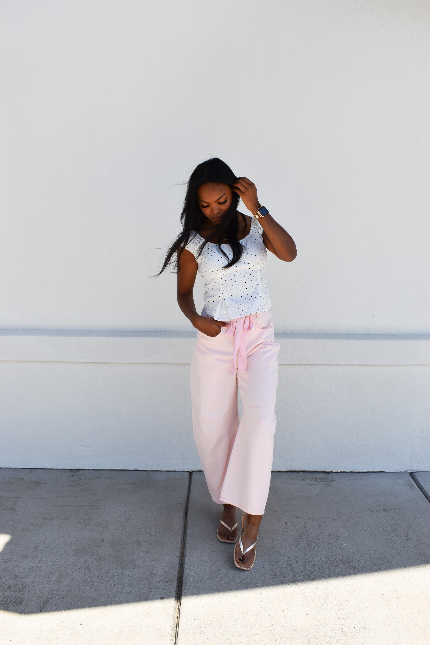 Pink Eyelet Thru Cotton Belt Barrel Jean