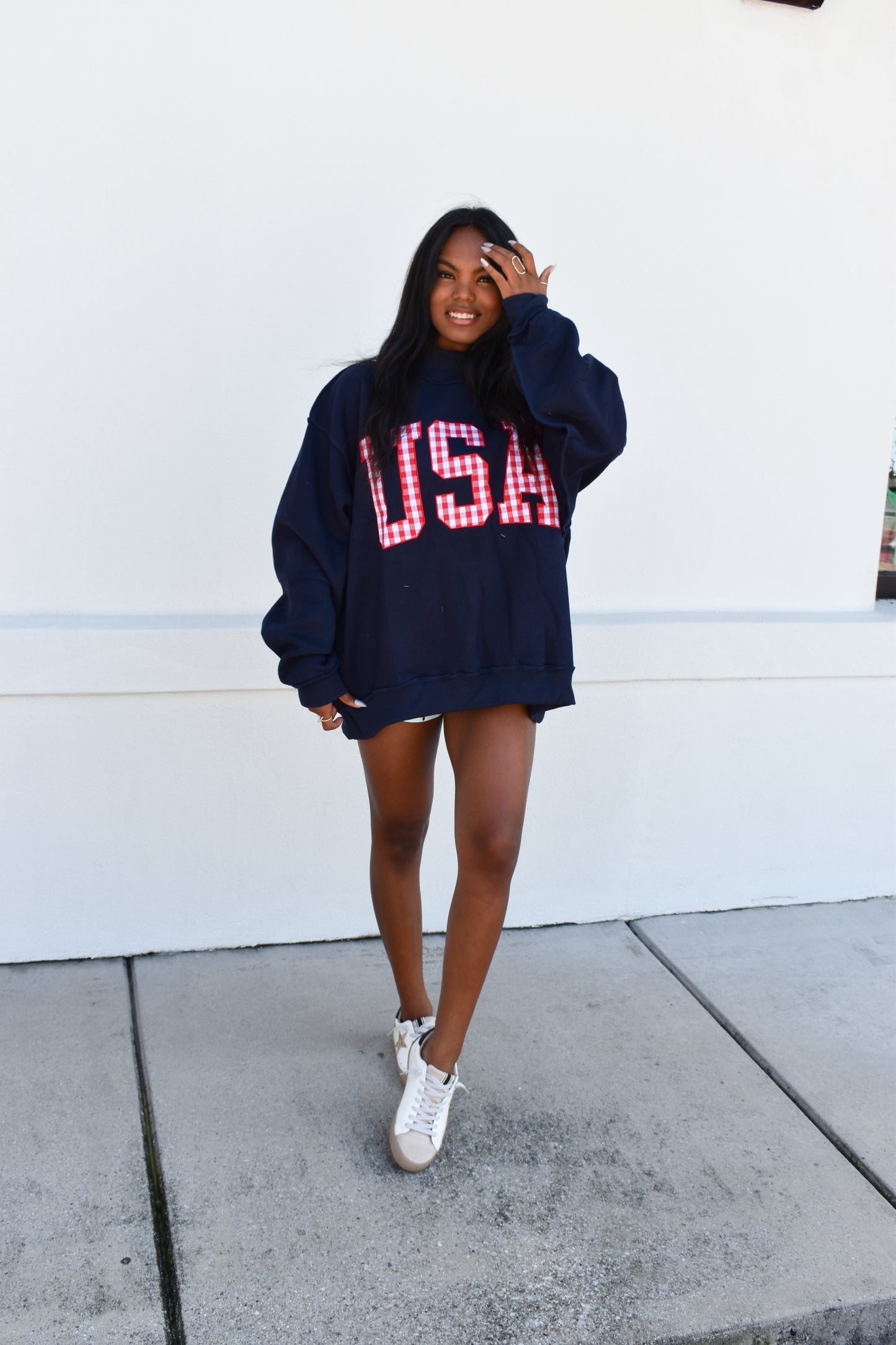 Gingham Embroidery "USA" Mock Neck Sweatshirt