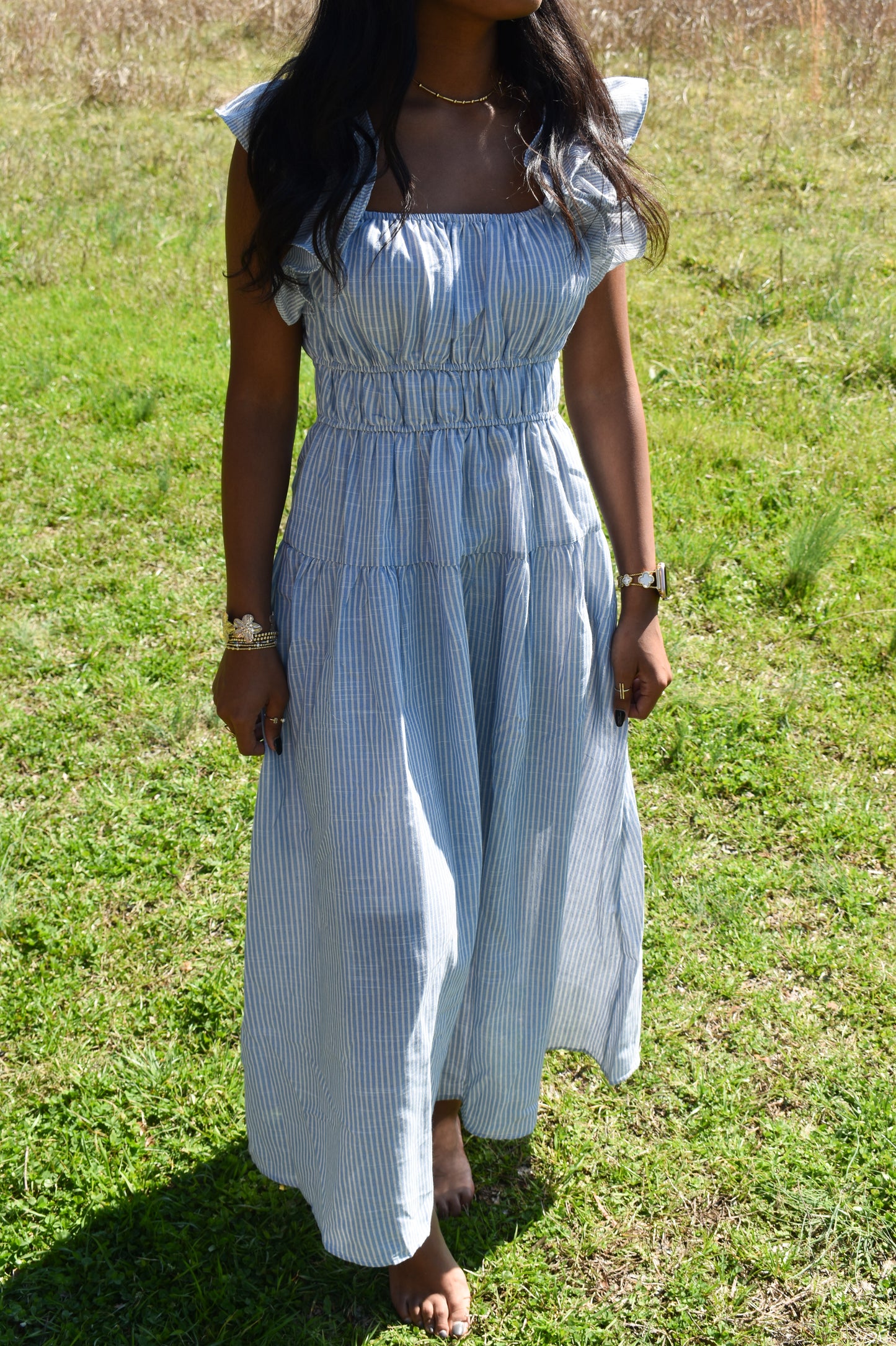 Shoulder Ruffle Stripe Midi Dress