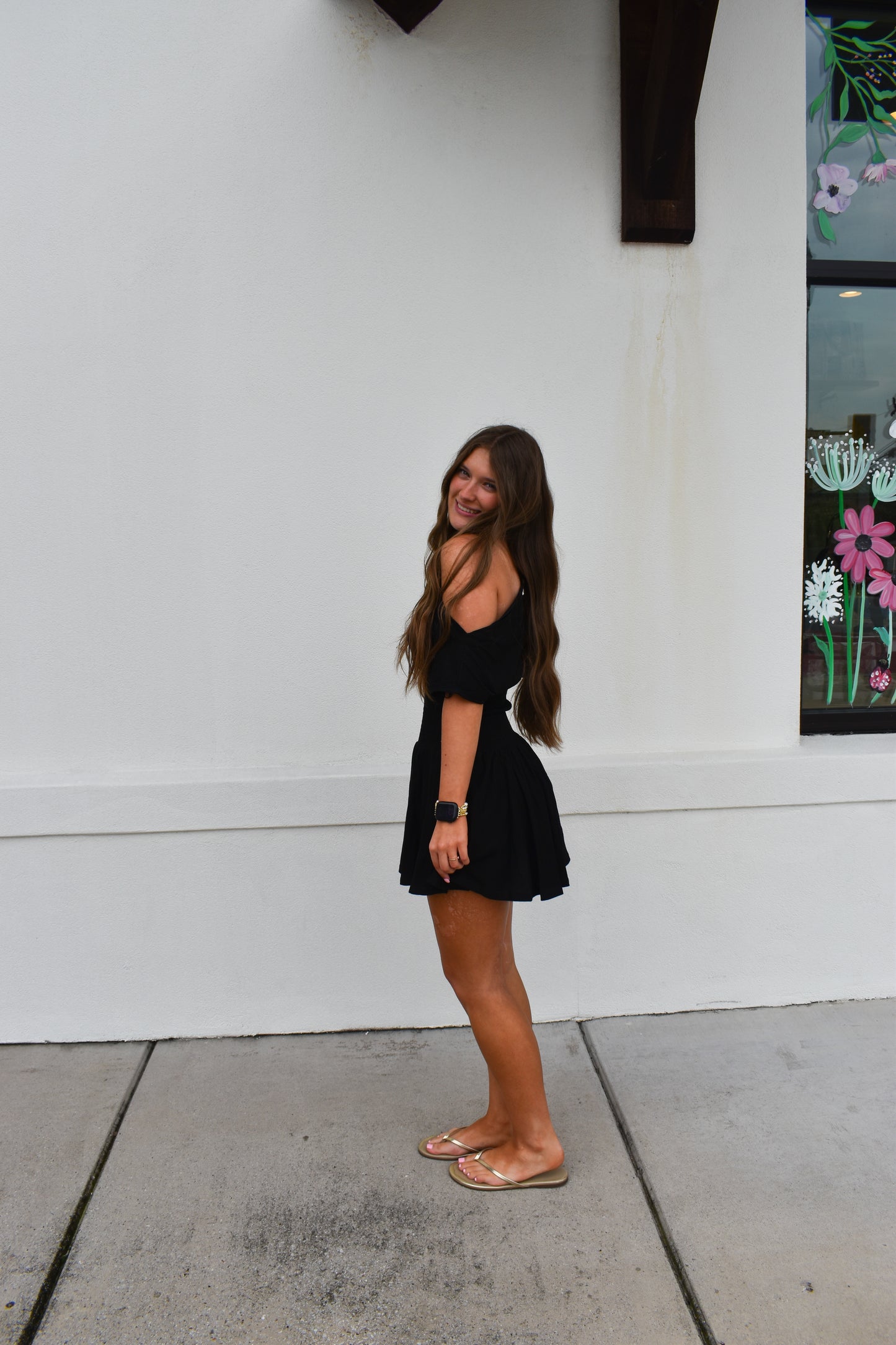 Off Shoulder Smocked Waist Dress: Black