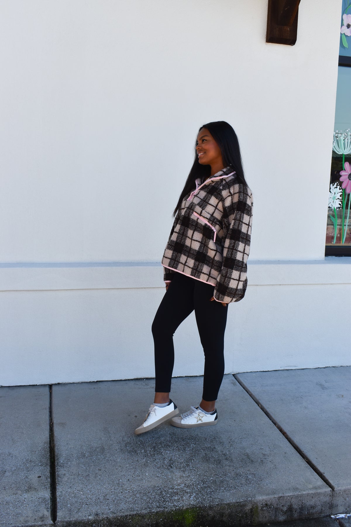 Plaid Sherpa Half-Zip W/ Pink Detail