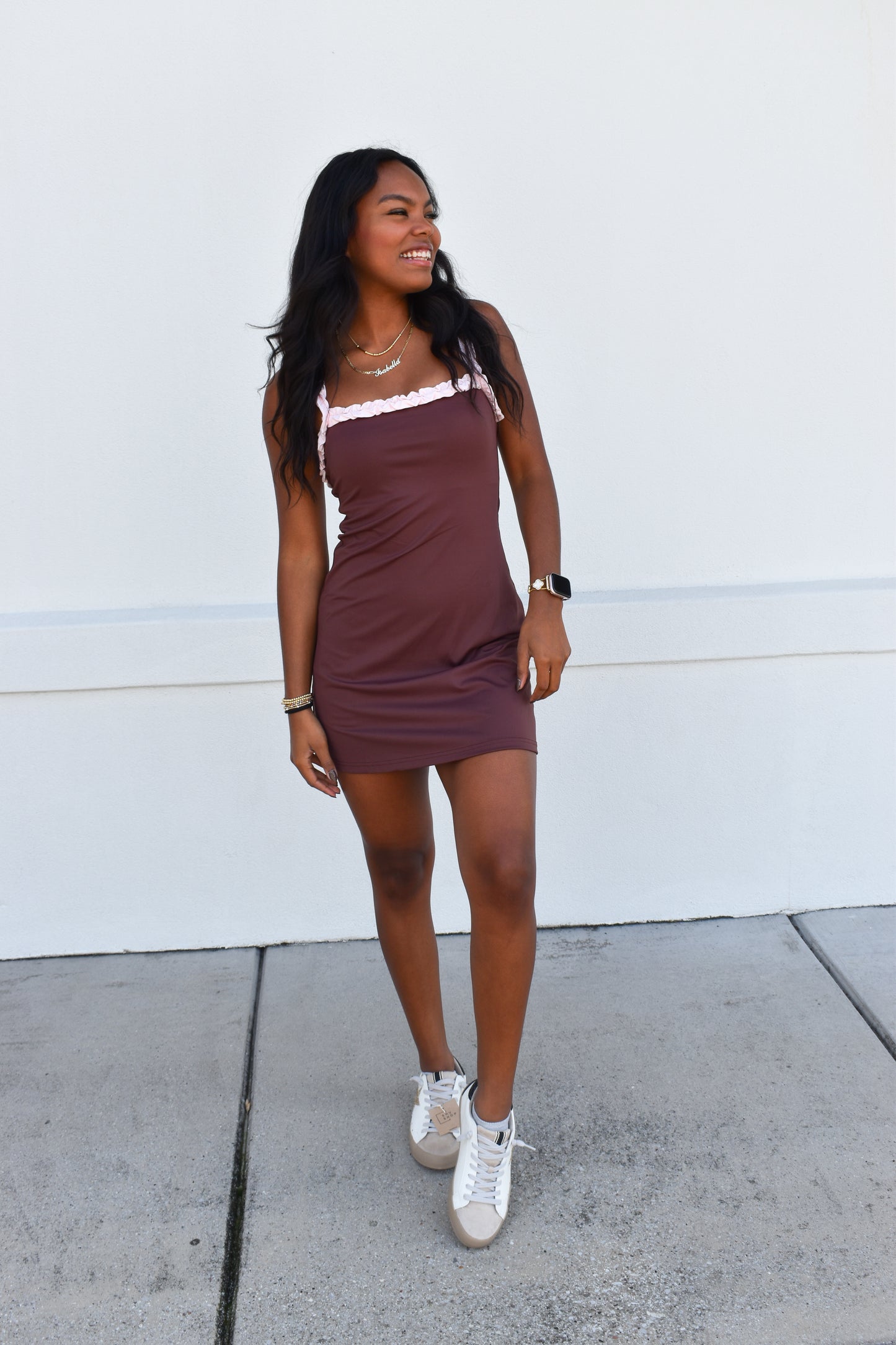Chocolate W/ Pink Ruffle Detail Athletic Dress