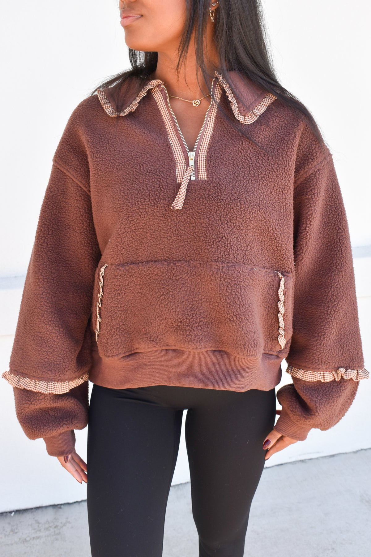 Gingham Fleece Collared Pullover: Brown